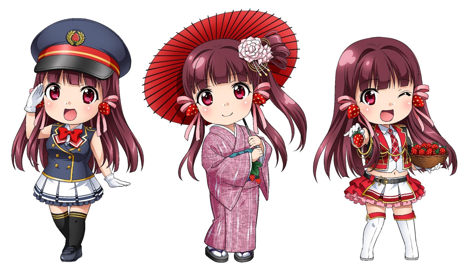 chibi, haruzaki_nonoka, itsuki_sayaka, kimono, marronni_yell, thighhighs, umbrella, uniform