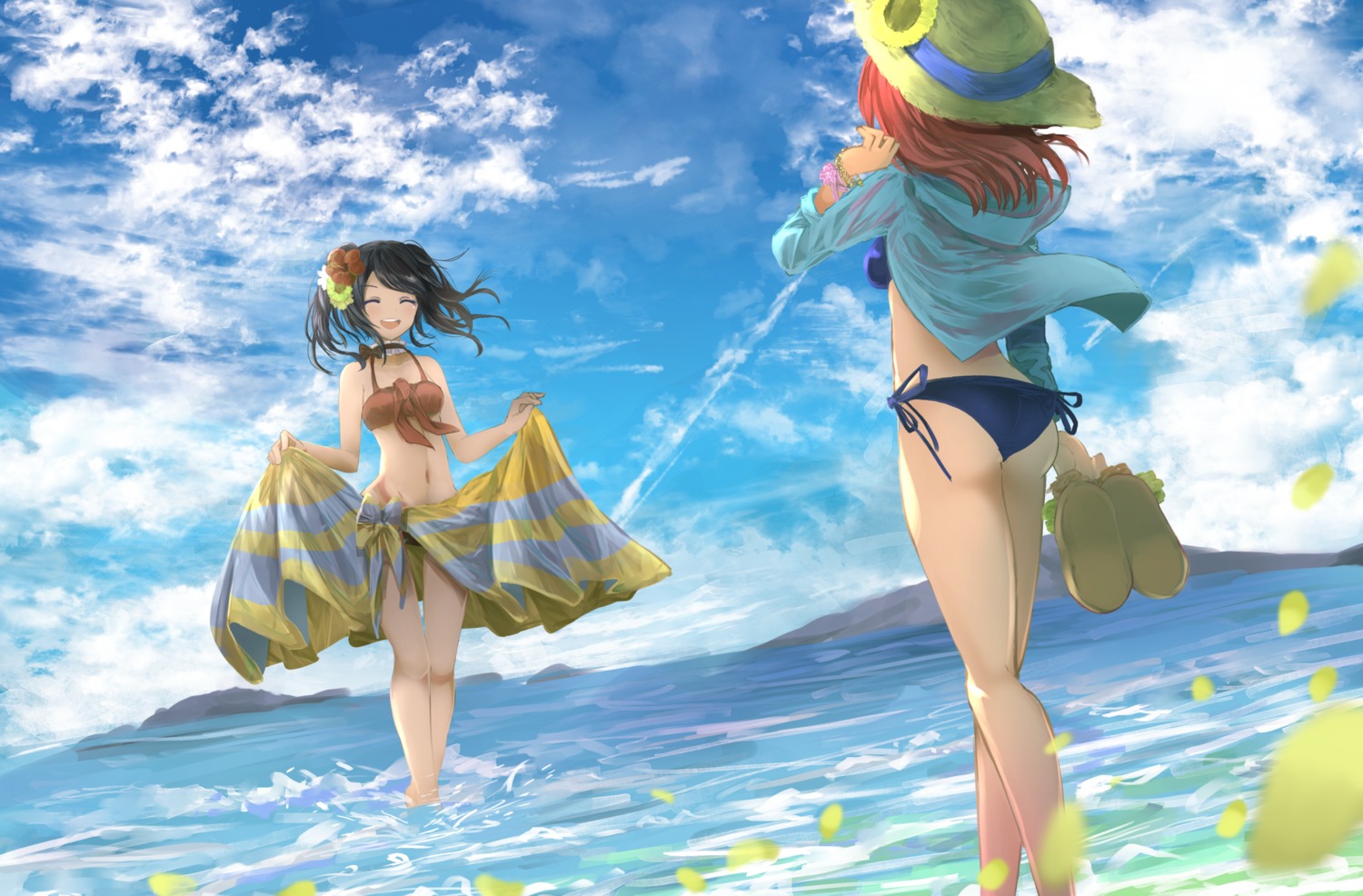 ass, bikini, love_live!, love_live!_(series), nishikino_maki, open_shirt, orein, skirt_lift, swimsuits, wet, yazawa_nico
