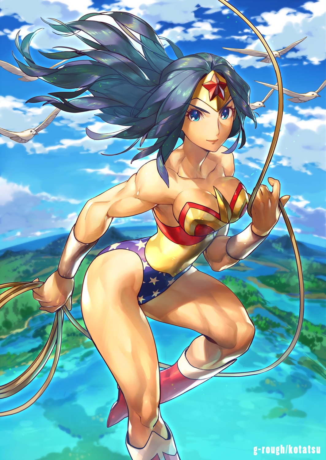 cleavage, dc_comics, kotatsu_(g-rough), leotard, weapon, wonder_woman, wonder_woman_(character)
