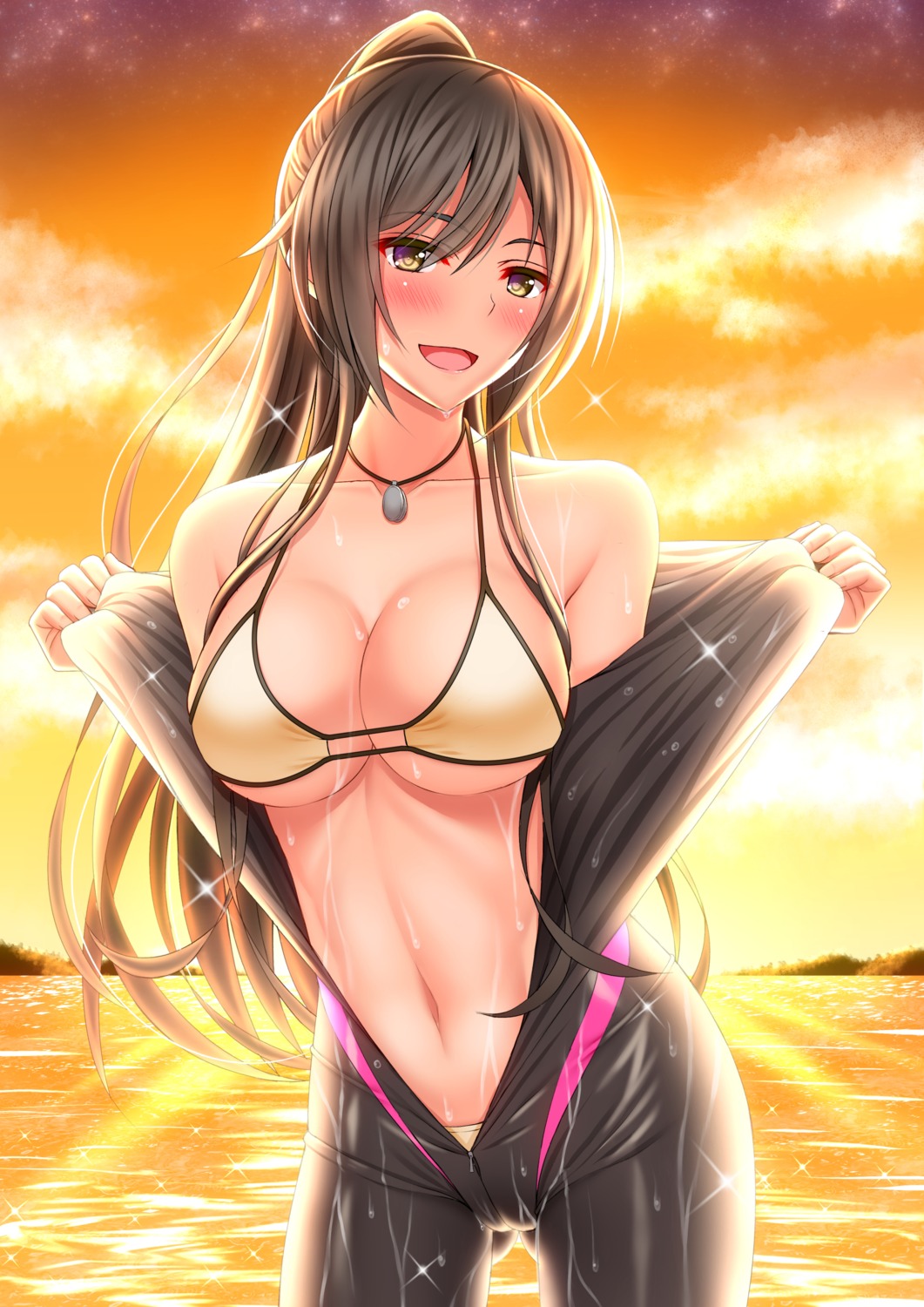 bikini, bodysuit, open_shirt, shirase_sakuya, shirouzu_myuuta, swimsuits, the_idolm@ster, the_idolm@ster_shiny_colors, undressing, wet