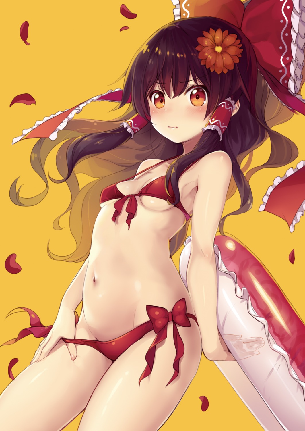 bikini, hakurei_reimu, minamura_halki, panty_pull, swimsuits, touhou, underboob, undressing