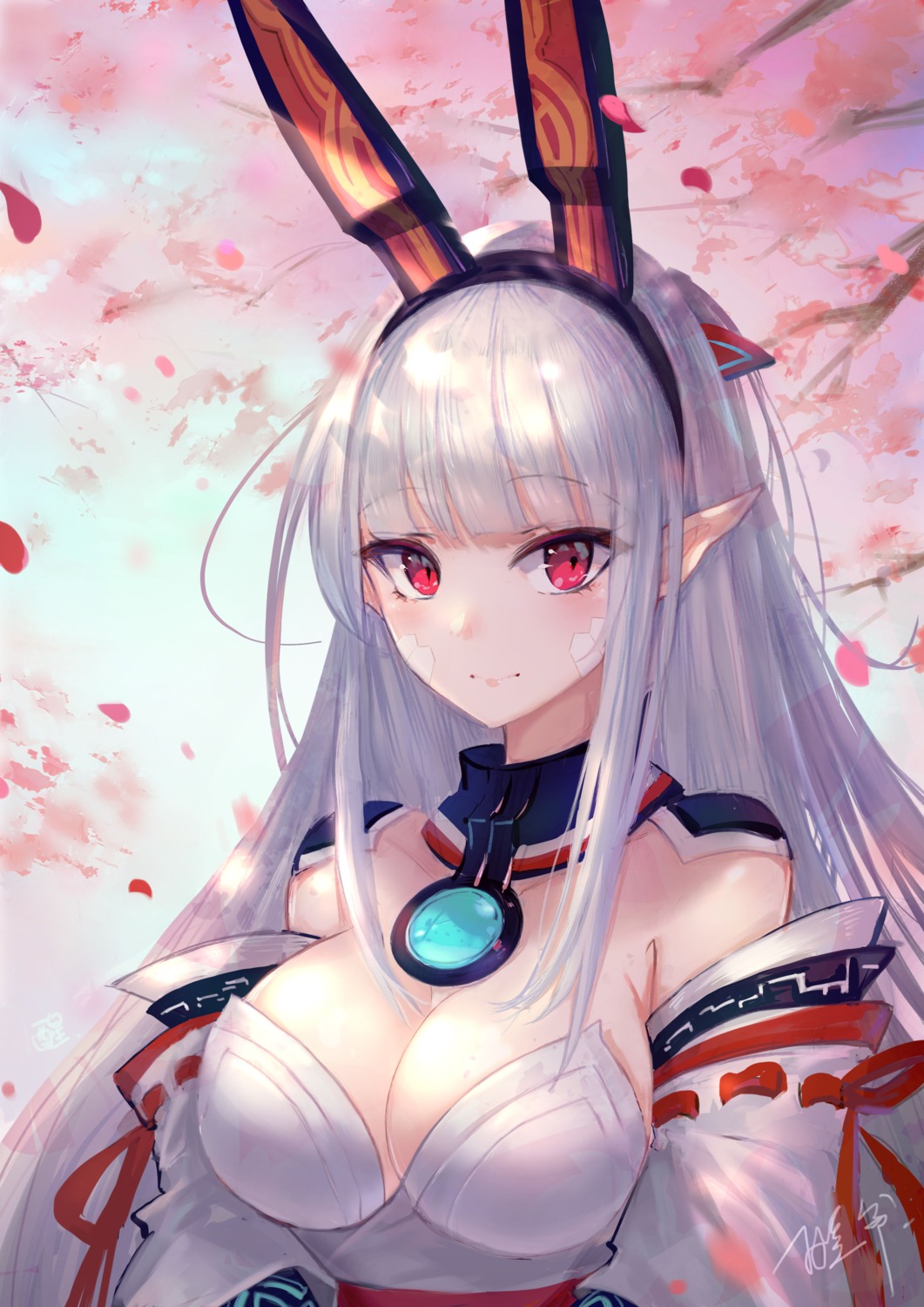 aura_kingdom, cleavage, japanese_clothes, kotonoha_(aura_kingdom), pointy_ears, xing