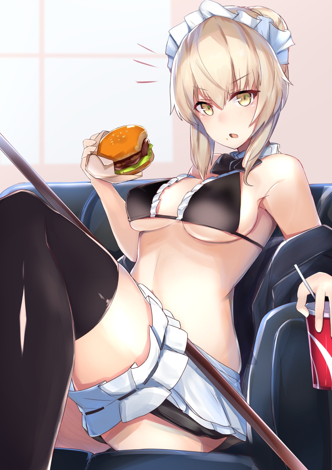 artoria_pendragon_(fate), artoria_pendragon_alter_(fate), bikini, fate/grand_order, garter, maid, nanakaku, open_shirt