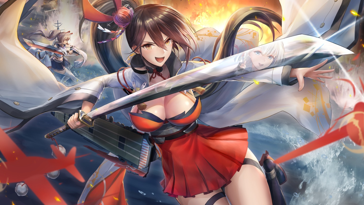ayanami_(azur_lane), azur_lane, cleavage, garter, morichika_shuuto, sword, thighhighs, zuikaku_(azur_lane)