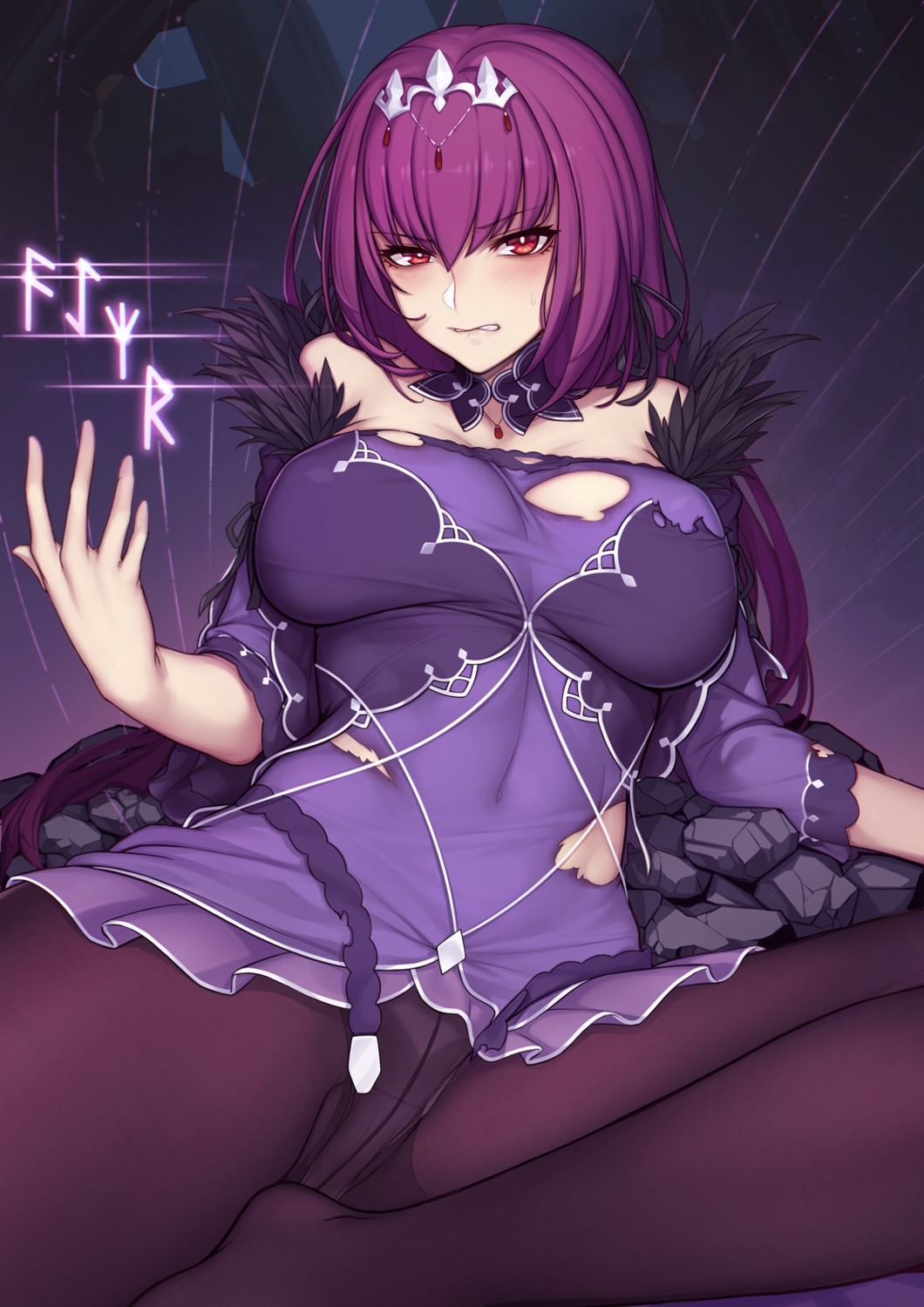 dress, evan_yang, fate/grand_order, pantsu, pantyhose, scathach_skadi, torn_clothes