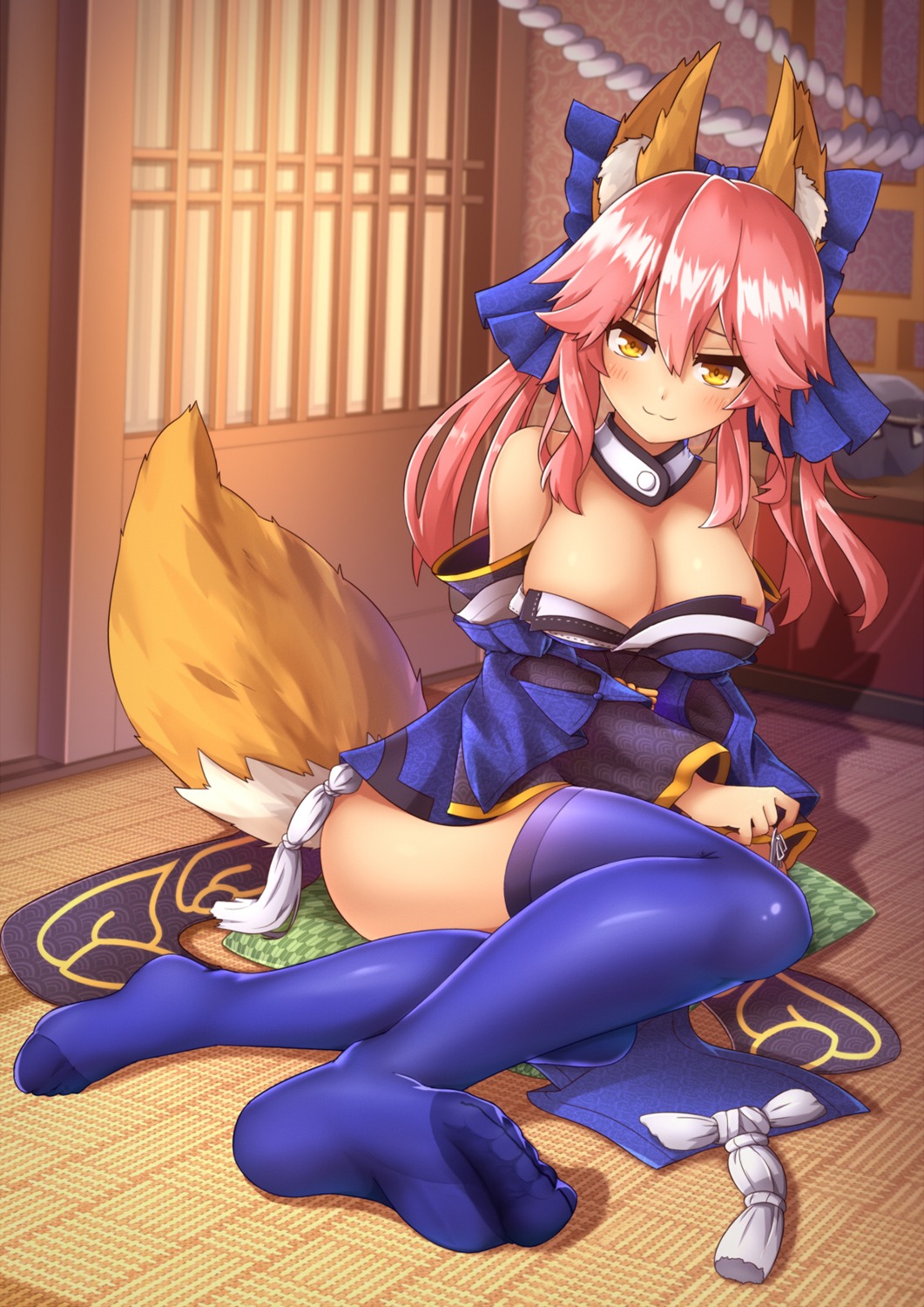 animal_ears, cleavage, fate/extra, fate/grand_order, fate/stay_night, feet, japanese_clothes, kaiyi, kitsune, tail, tamamo_no_mae, thighhighs