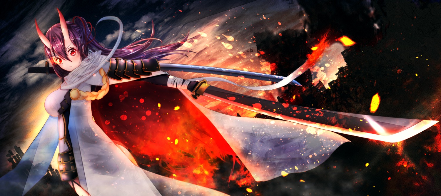 armor, azur_lane, bandages, horns, izumo_(azur_lane), selinen, sword