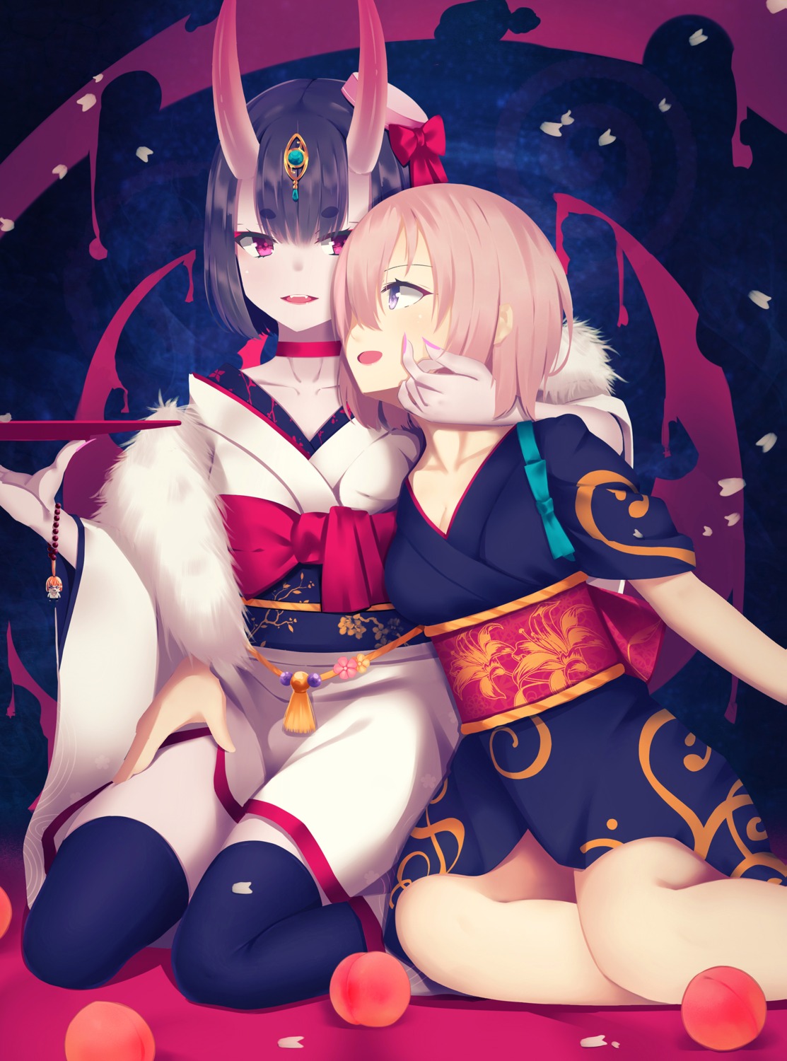 fate/grand_order, horns, kimono, mash_kyrielight, nestea, shuten_douji_(fate), thighhighs