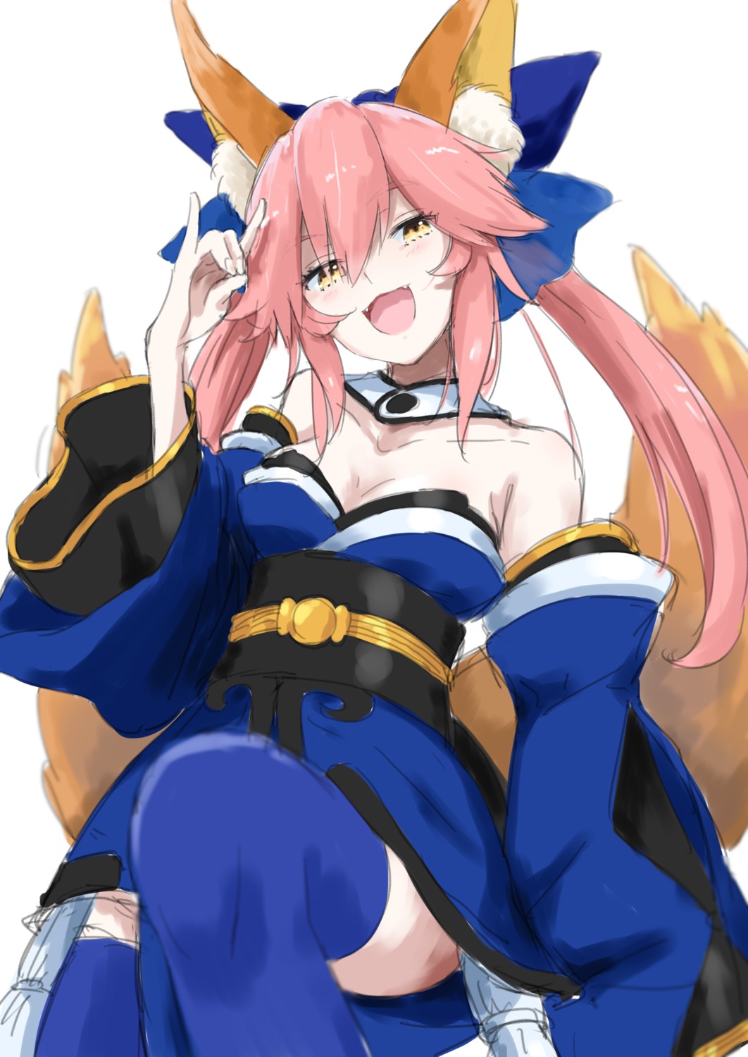 animal_ears, cleavage, fate/grand_order, japanese_clothes, laika, tail, tamamo_no_mae, thighhighs
