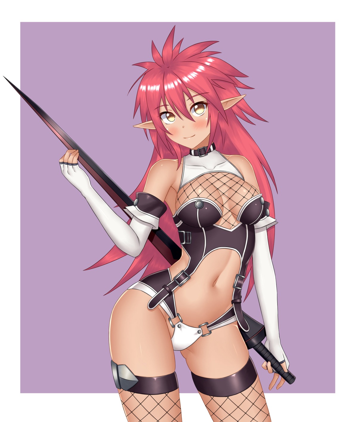 agarest_senki, chechoski, cleavage, fishnets, lavinia_(agarest_senki), pointy_ears, sword, thighhighs