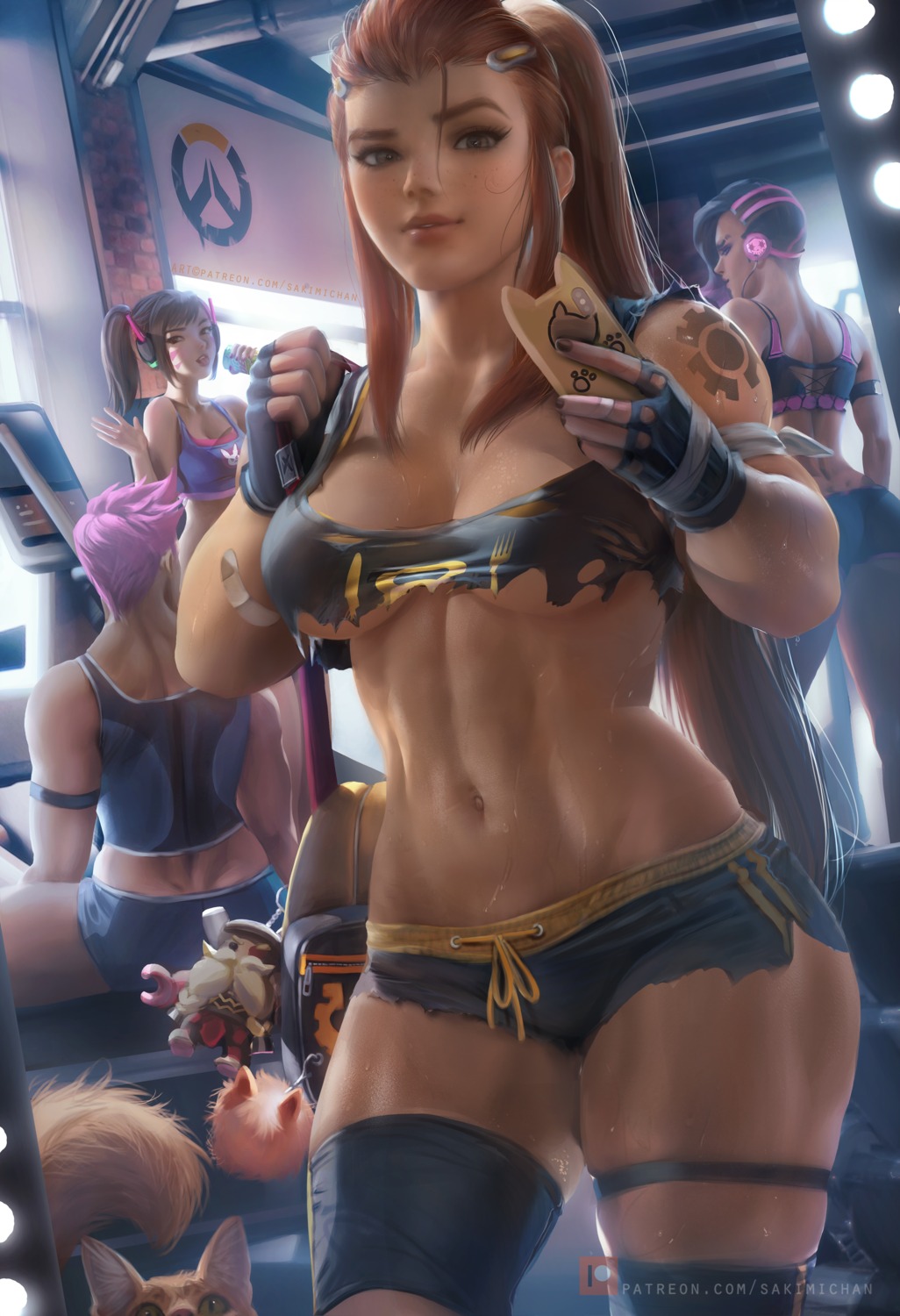 ass, bandaid, brigitte_(overwatch), cleavage, d.va, garter, gym_uniform, headphones, official_watermark, overwatch, possible_duplicate, sakimichan, sombra, tattoo, torbjorn_(overwatch), torn_clothes, underboob, zarya