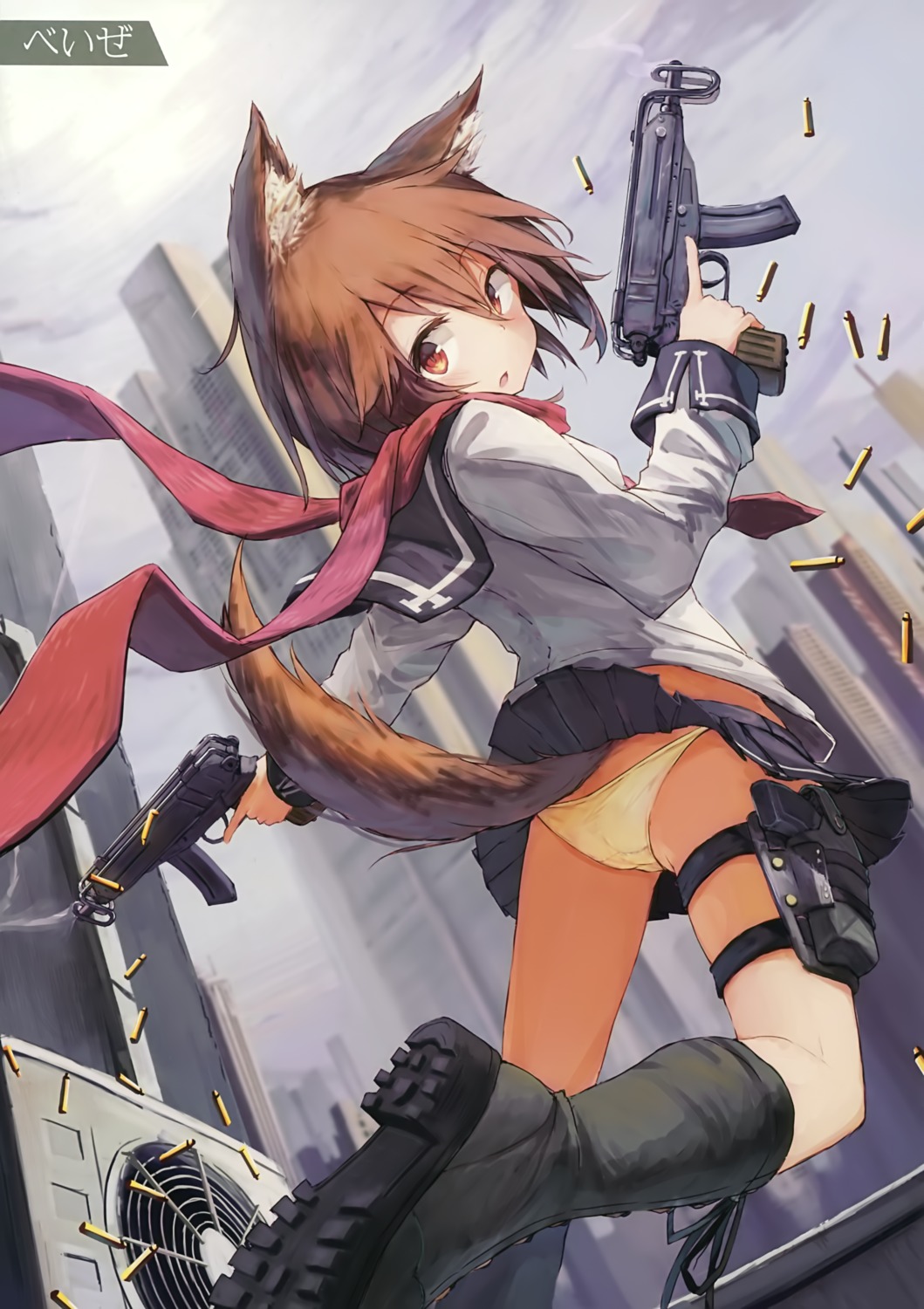 animal_ears, ass, beize_(garbage), gun, pantsu, seifuku, skirt_lift, tail