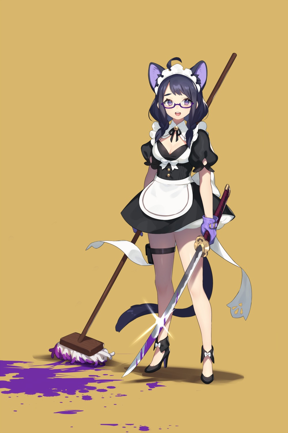 animal_ears, cleavage, heels, maid, megane, nekomimi, ni02_(asahi_nini), sword, tail