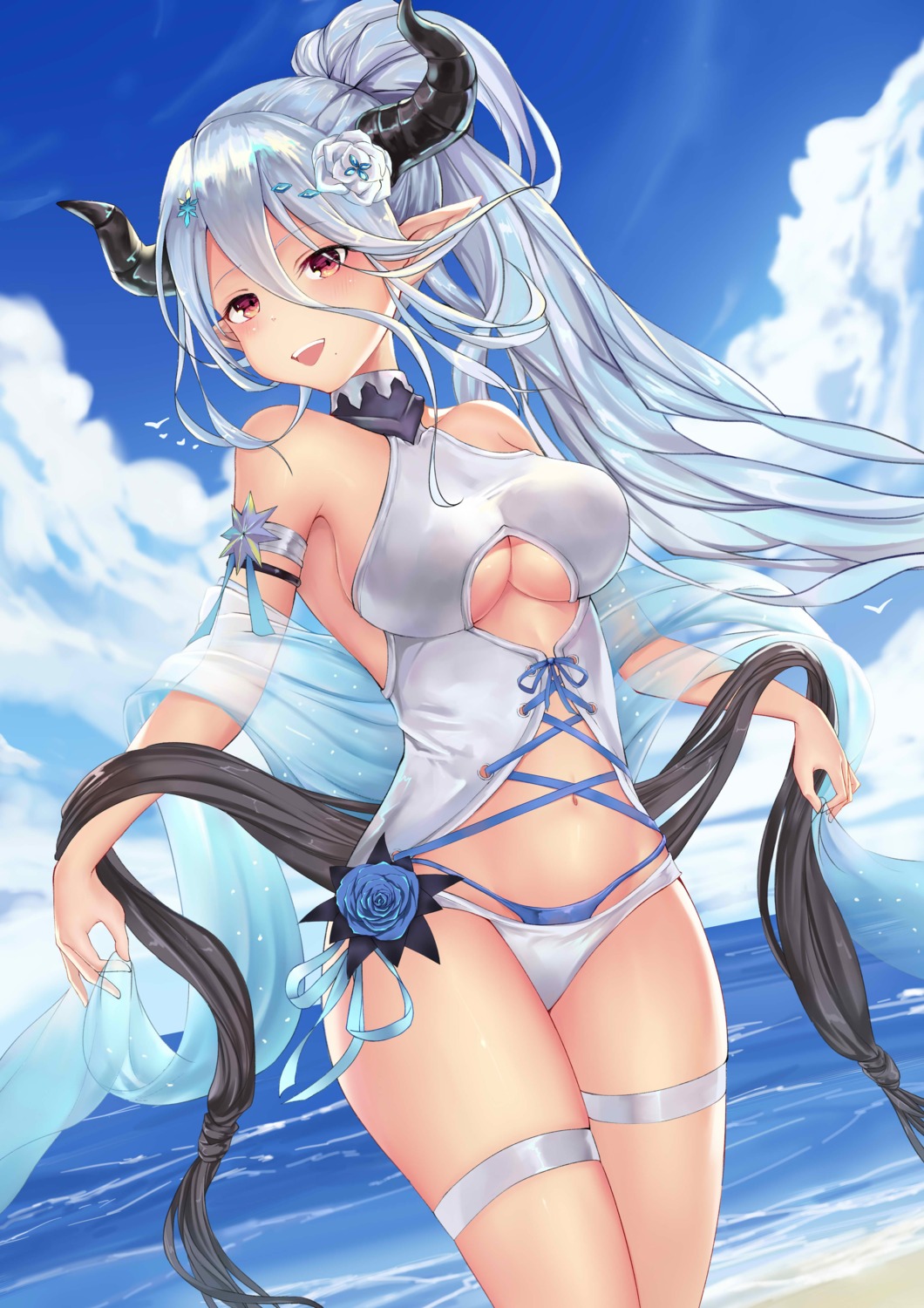 garter, granblue_fantasy, horns, izmir_(granblue_fantasy), kyuu, pointy_ears, swimsuits