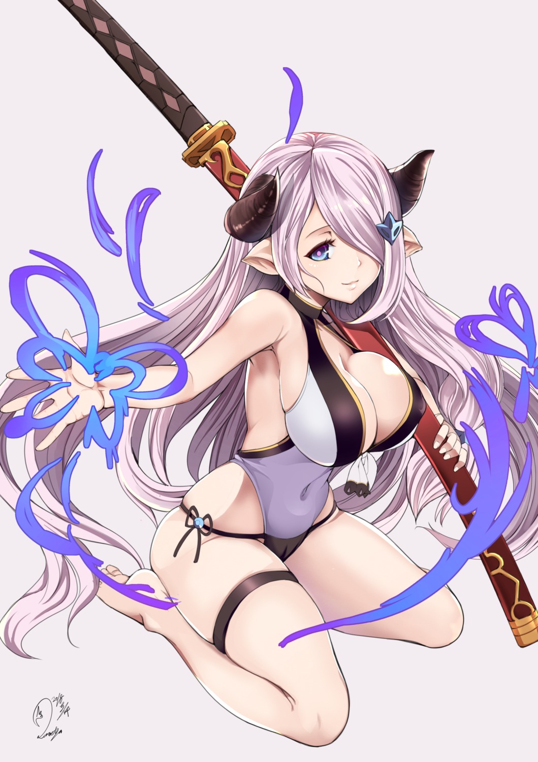 baicha, cleavage, garter, granblue_fantasy, horns, narumeia_(granblue_fantasy), pointy_ears, swimsuits