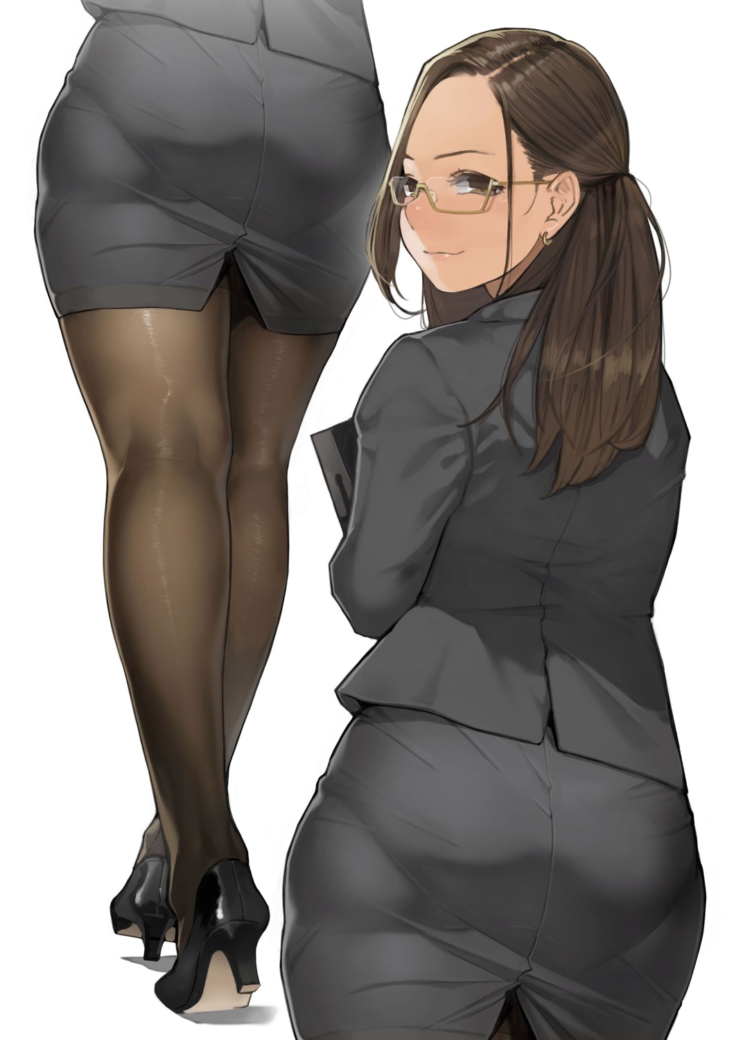 business_suit, heels, megane, miru_tights, okuzumi_yuiko, pantyhose, yom