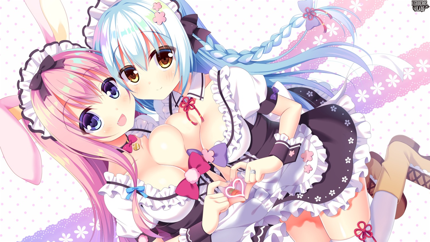 cleavage, kerberos_blade, maid, symmetrical_docking, thighhighs, wallpaper, yuyumatsu