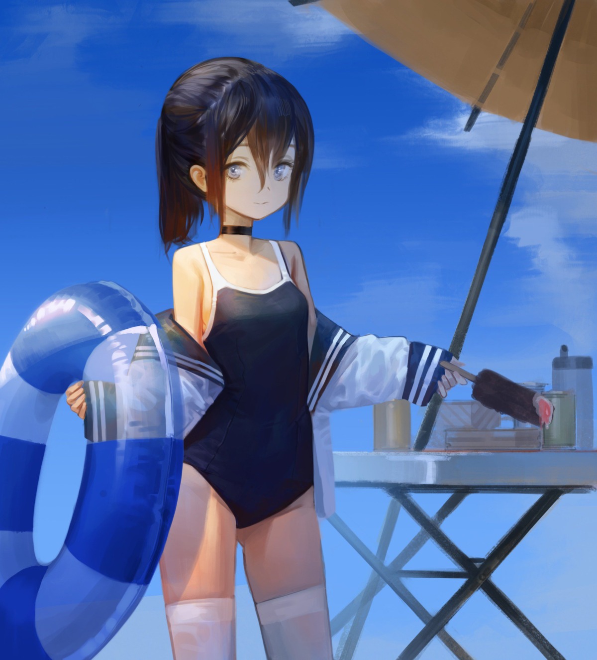 dokshuri, open_shirt, school_swimsuit, seifuku, swimsuits, thighhighs