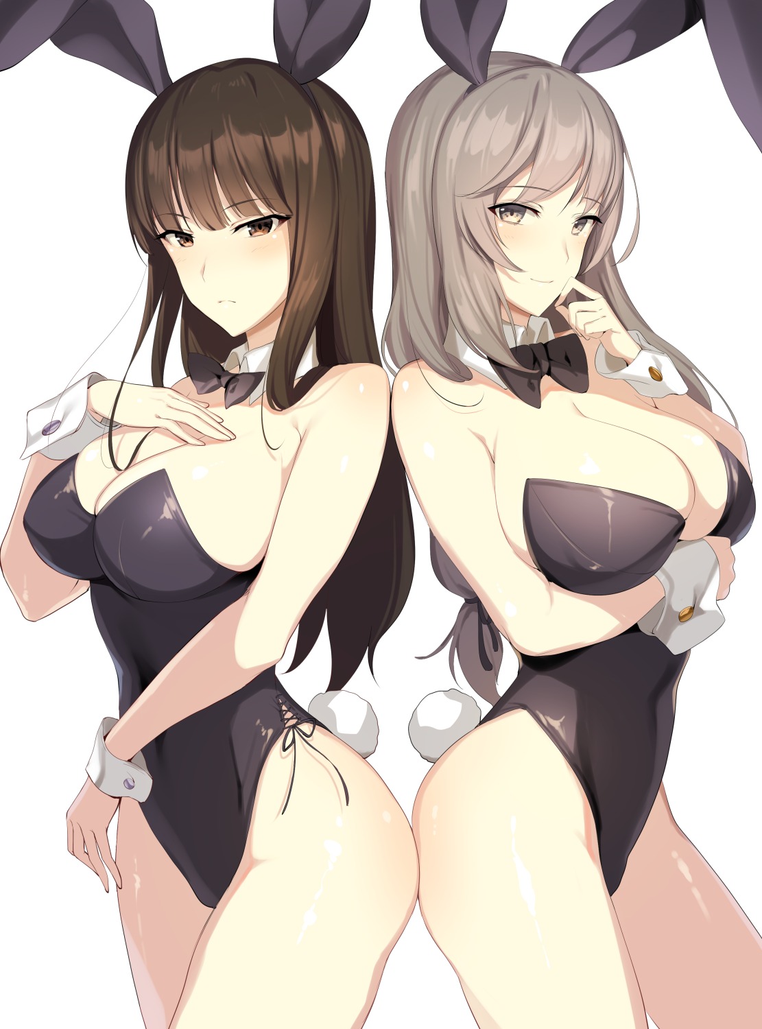 aliasing, animal_ears, breast_hold, bunny_ears, bunny_girl, cleavage, girls_und_panzer, icomochi, nishizumi_shiho, shimada_chiyo, tail