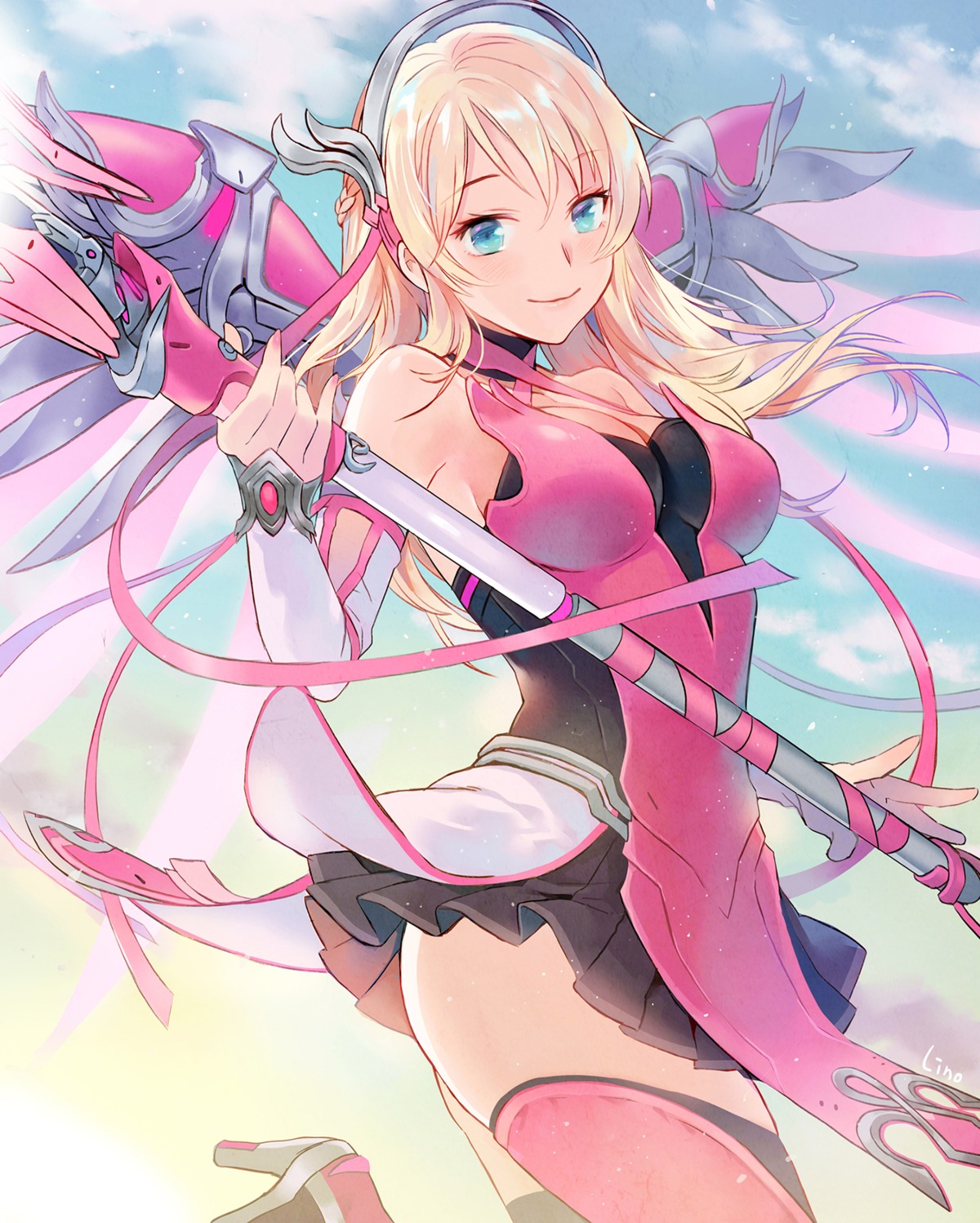 heels, lino_chang, mercy_(overwatch), overwatch, thighhighs, weapon, wings