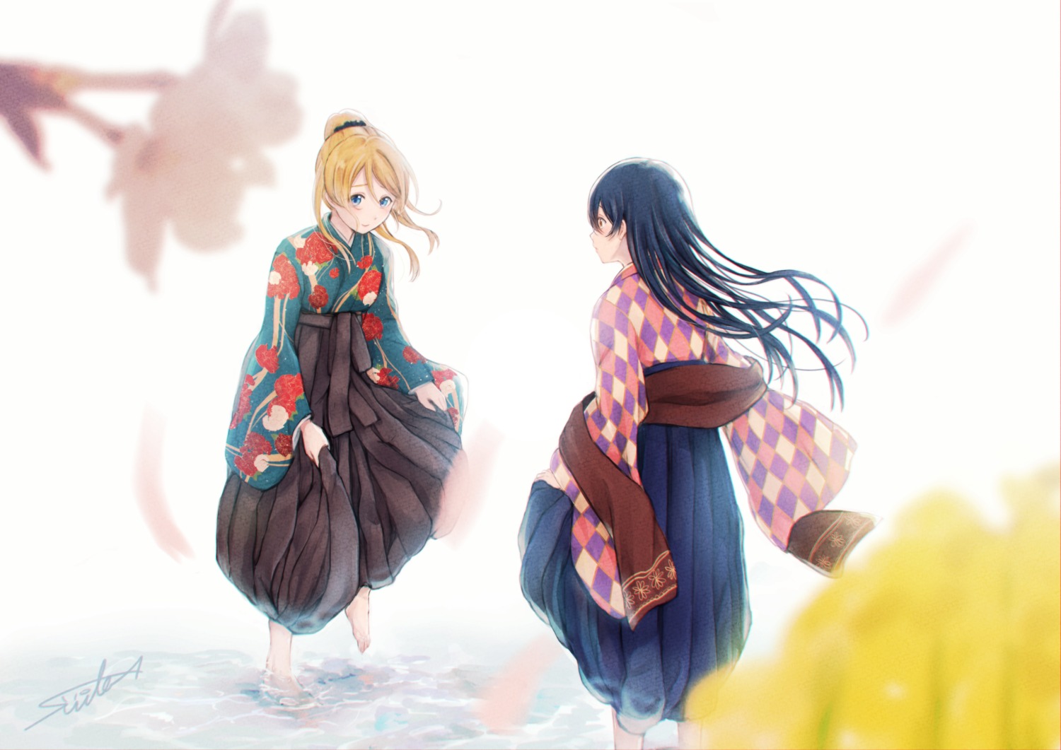ayase_eli, japanese_clothes, love_live!, love_live!_(series), sonoda_umi, suito, wet
