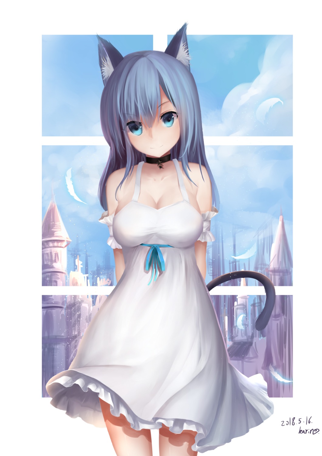 animal_ears, cleavage, dress, karin_(fineyanny), nekomimi, summer_dress, tail