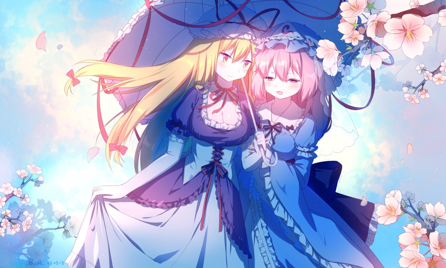 bzsk., cleavage, saigyouji_yuyuko, skirt_lift, touhou, umbrella, yakumo_yukari