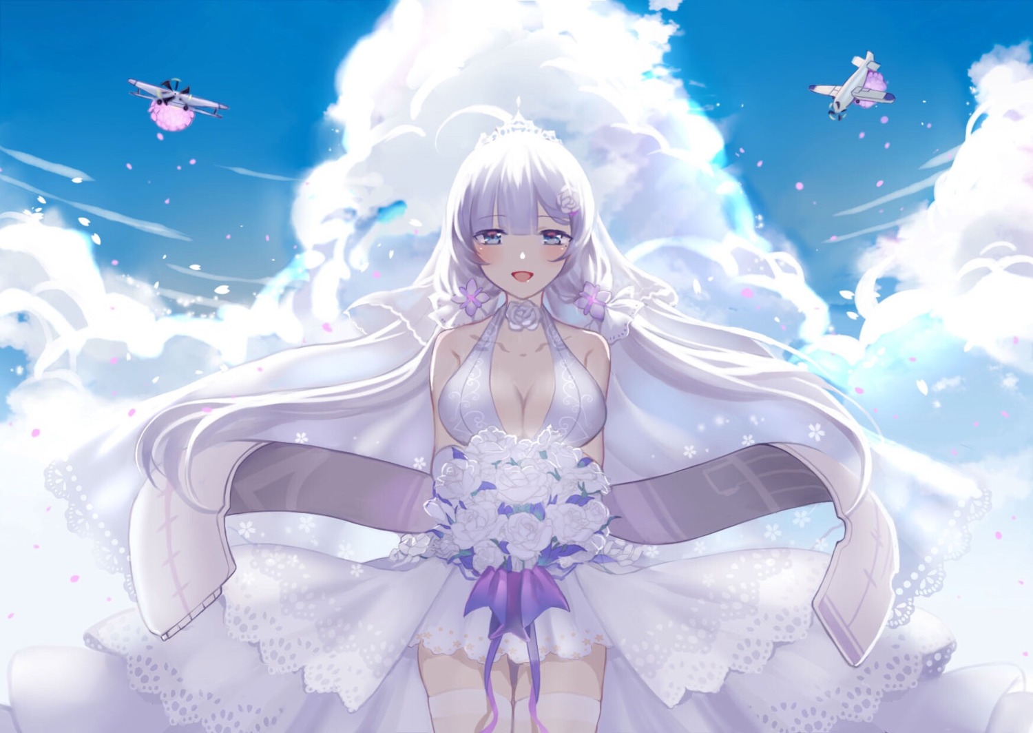 azur_lane, cleavage, dress, illustrious_(azur_lane), ji_yue, no_bra, thighhighs, wedding_dress