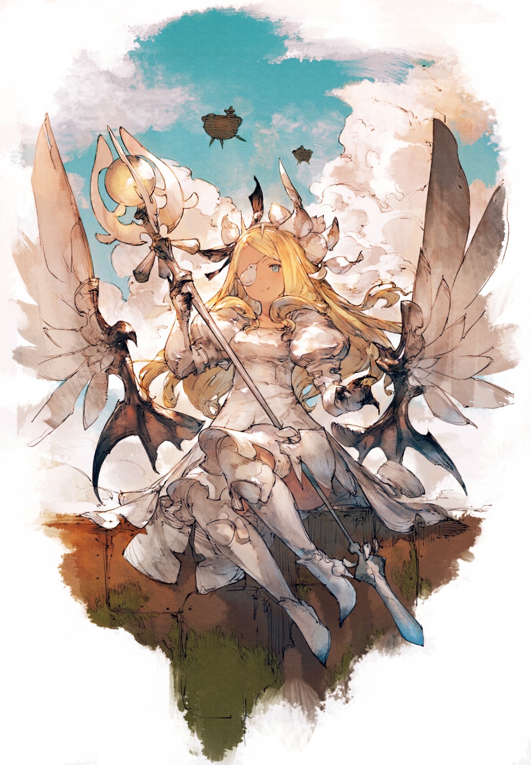 dress, eyepatch, granblue_fantasy, heels, junwool, thighhighs, weapon, wings
