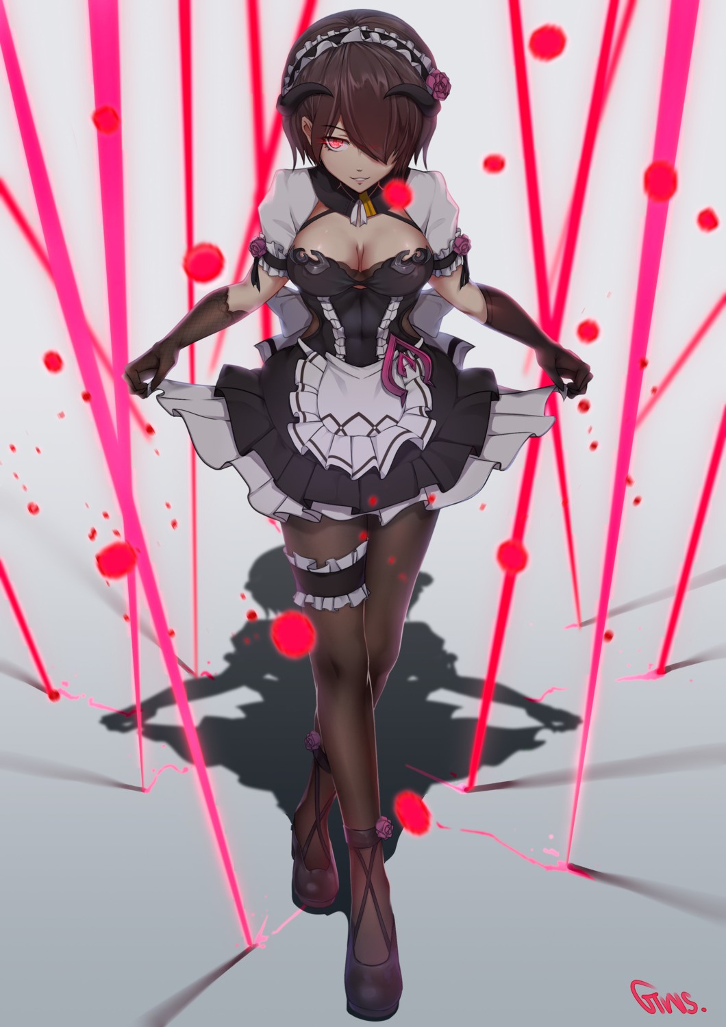 benghuai_xueyuan, cleavage, garter, gins, horns, maid, pantyhose, rita_rossweisse, skirt_lift