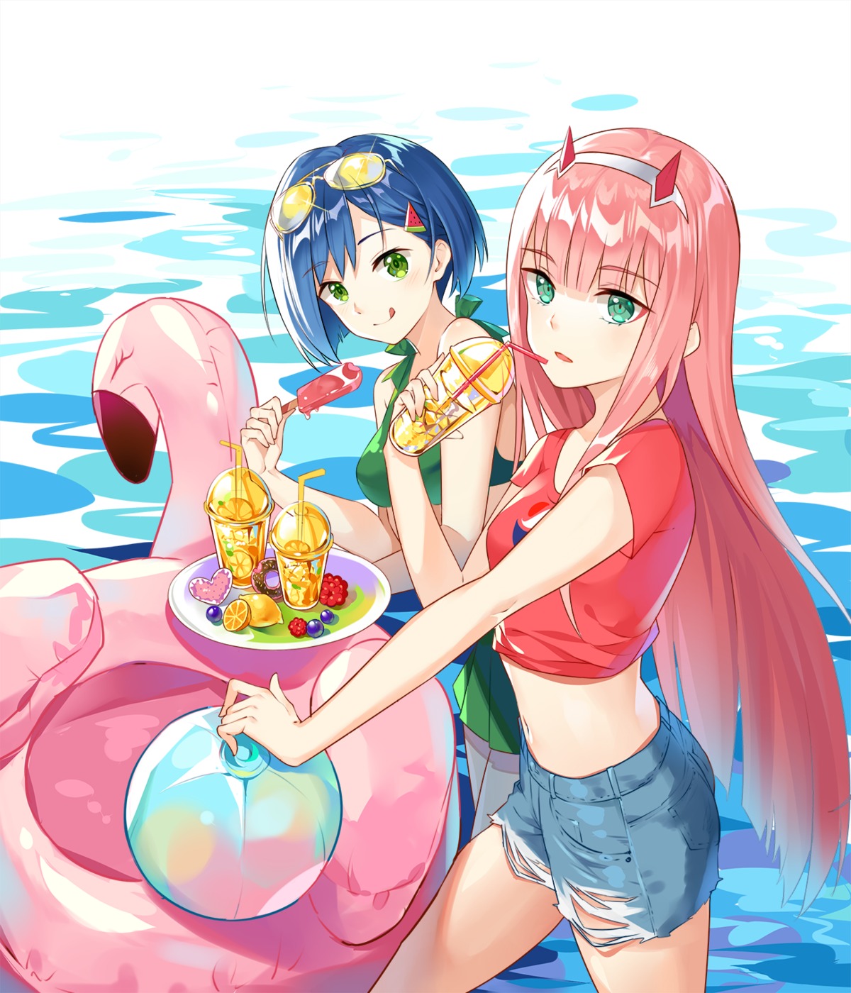 bikini_top, darling_in_the_franxx, horns, ichigo_(darling_in_the_franxx), megane, swimsuits, torn_clothes, xingxiang_senlin