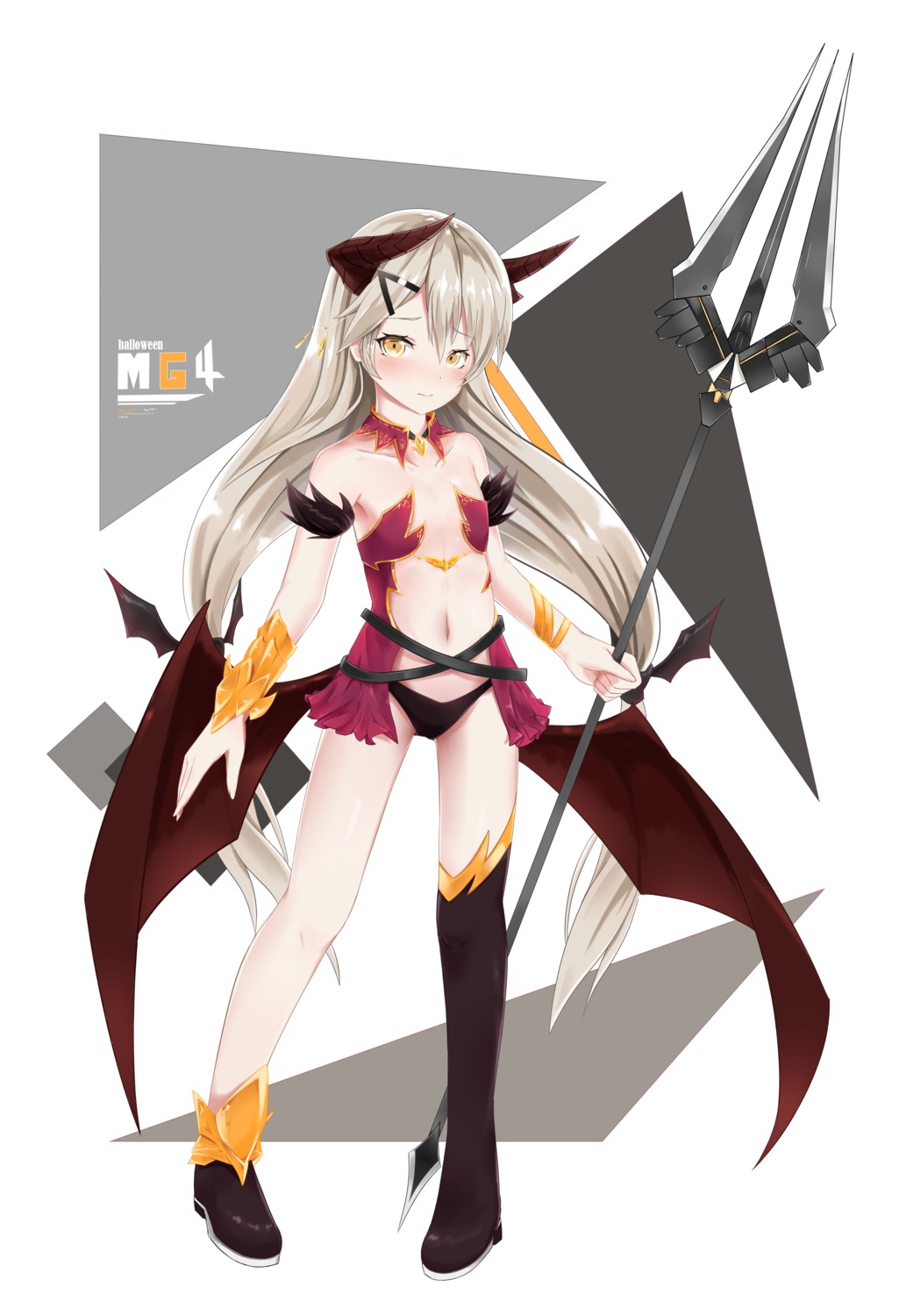 bikini_armor, girls_frontline, halloween, horns, mg4_(girls_frontline), thighhighs, weapon