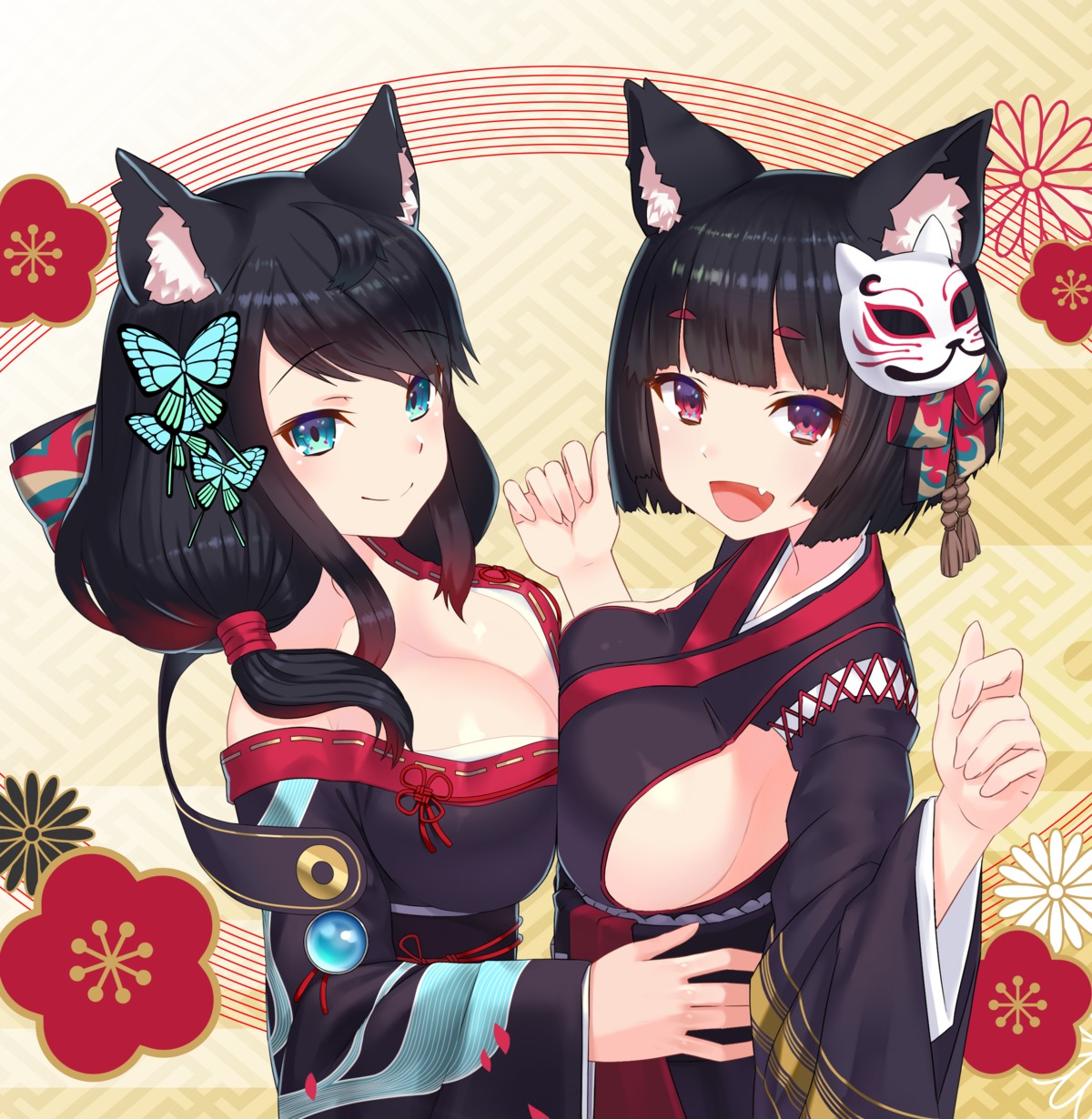 (tat), animal_ears, azur_lane, cleavage, fusou_(azur_lane), japanese_clothes, symmetrical_docking, yamashiro_(azur_lane)