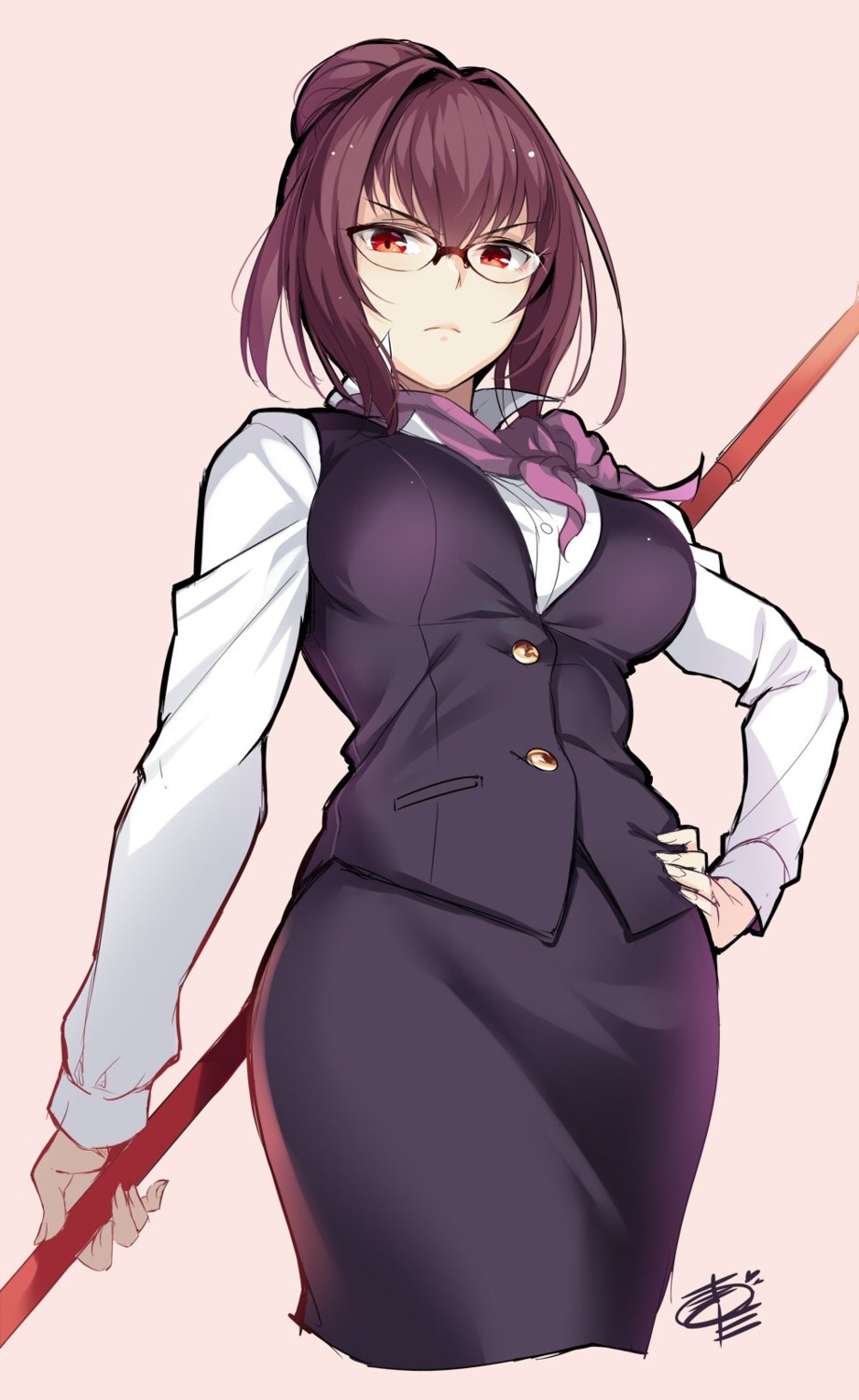 business_suit, fate/grand_order, megane, okitakung, scathach_(fate), weapon