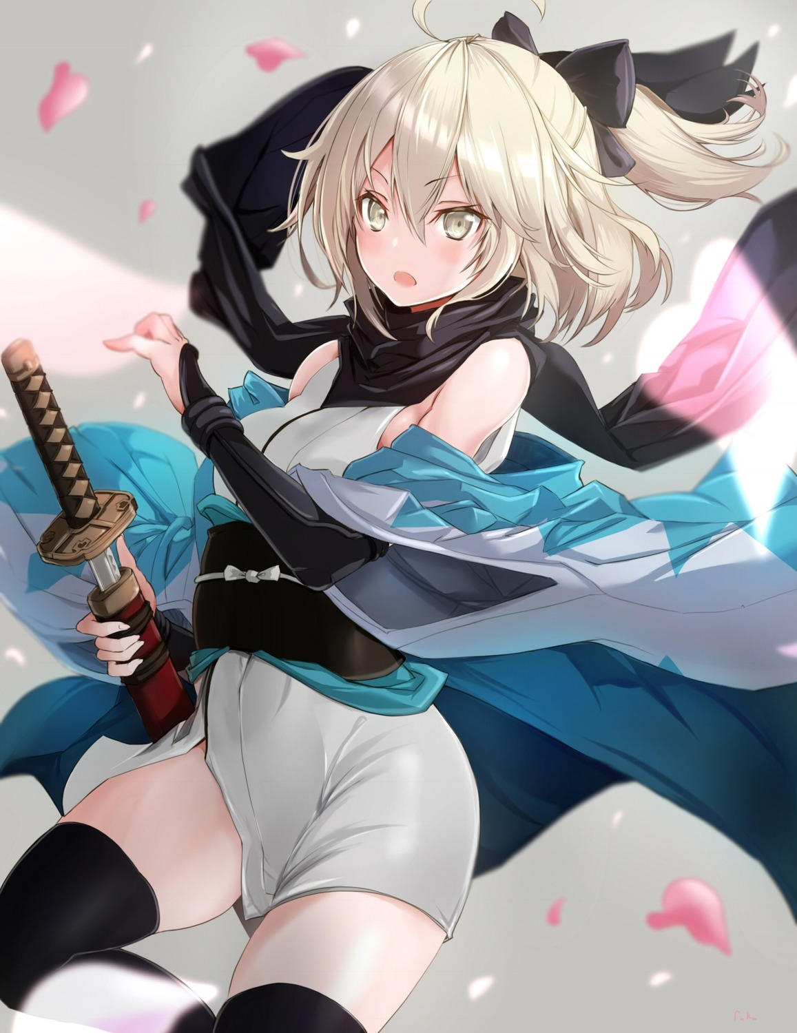 fate/grand_order, fuku_kitsune, japanese_clothes, okita_souji_(fate), sword, thighhighs