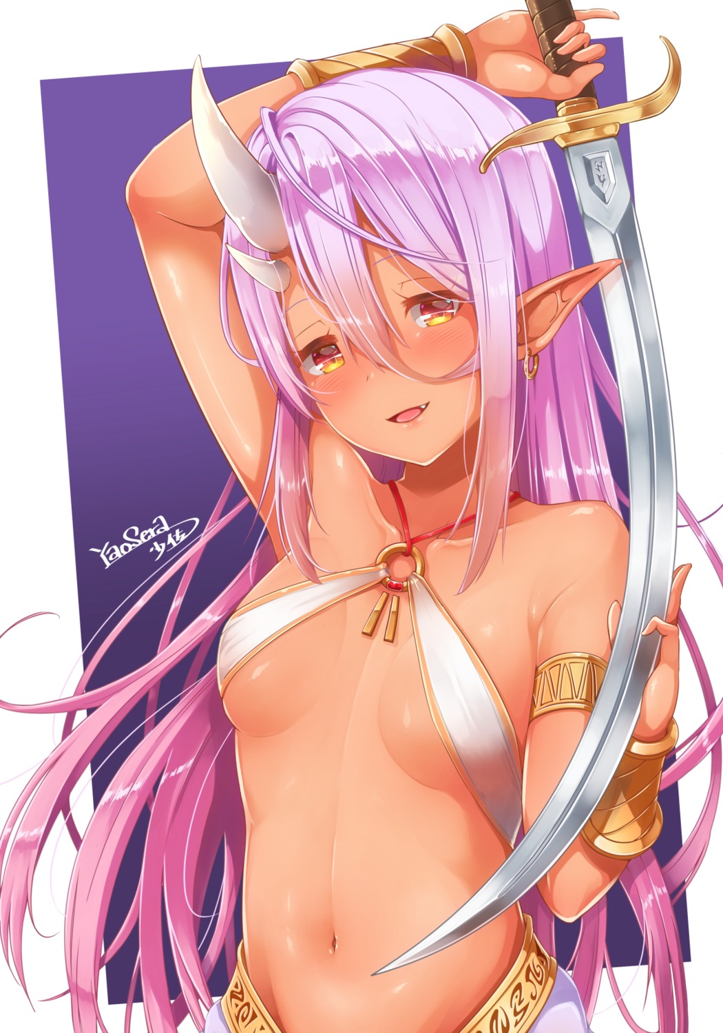bikini_top, horns, pointy_ears, swimsuits, sword, yaosera