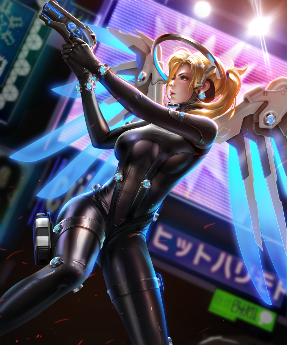 bodysuit, cosplay, gantz, gun, liang_xing, mercy_(overwatch), overwatch, shimohira_reika