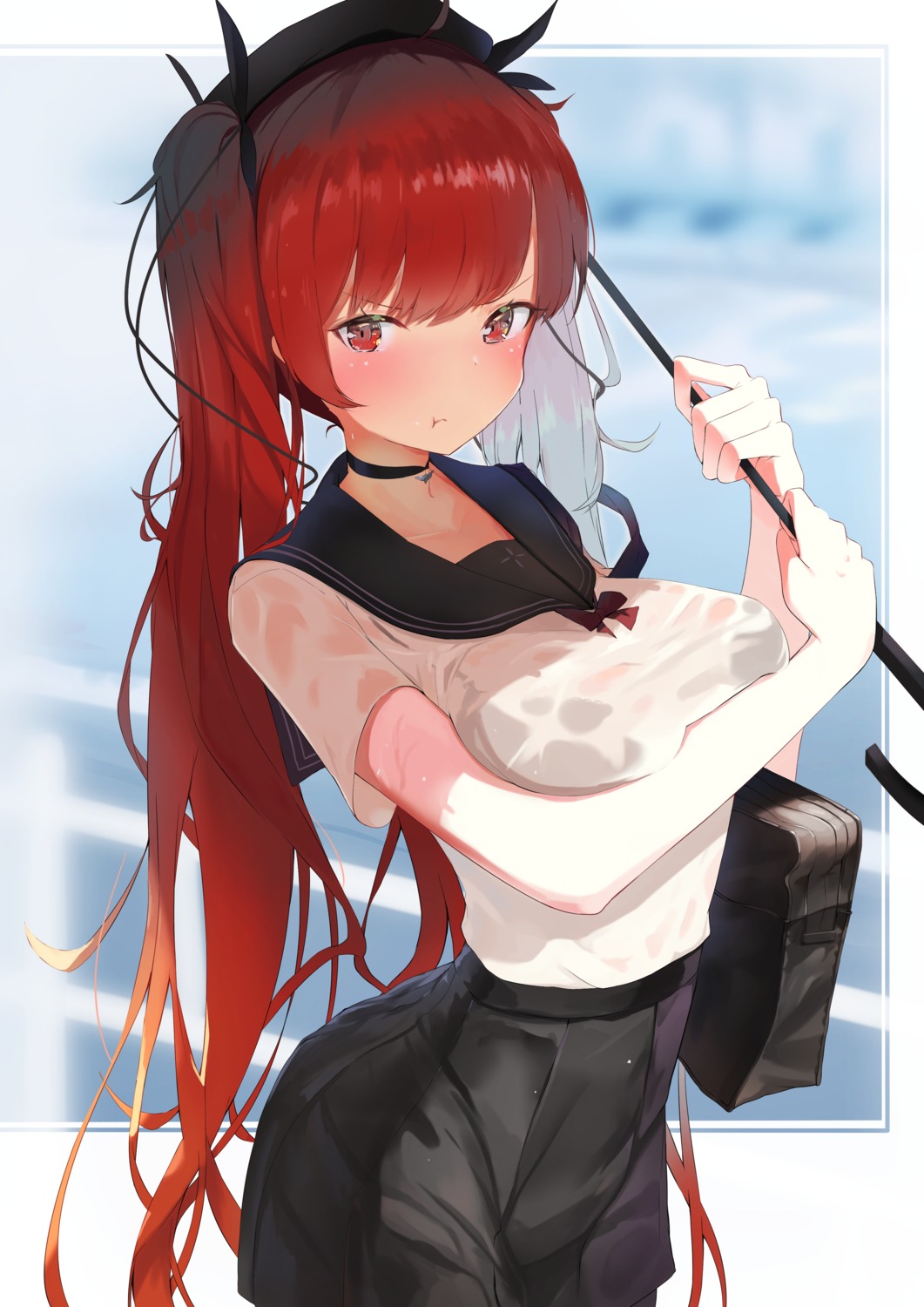 azur_lane, bra, breast_hold, honolulu_(azur_lane), isaka_wasabi, see_through, seifuku, wet_clothes