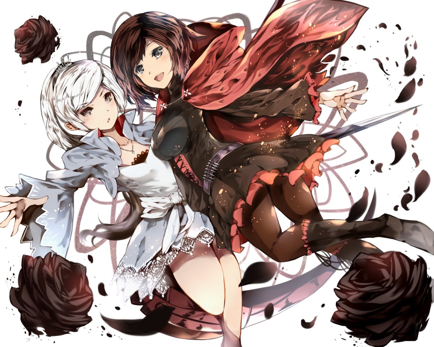 dress, pantyhose, ruby_rose, rwby, venomrobo, weapon, weiss_schnee