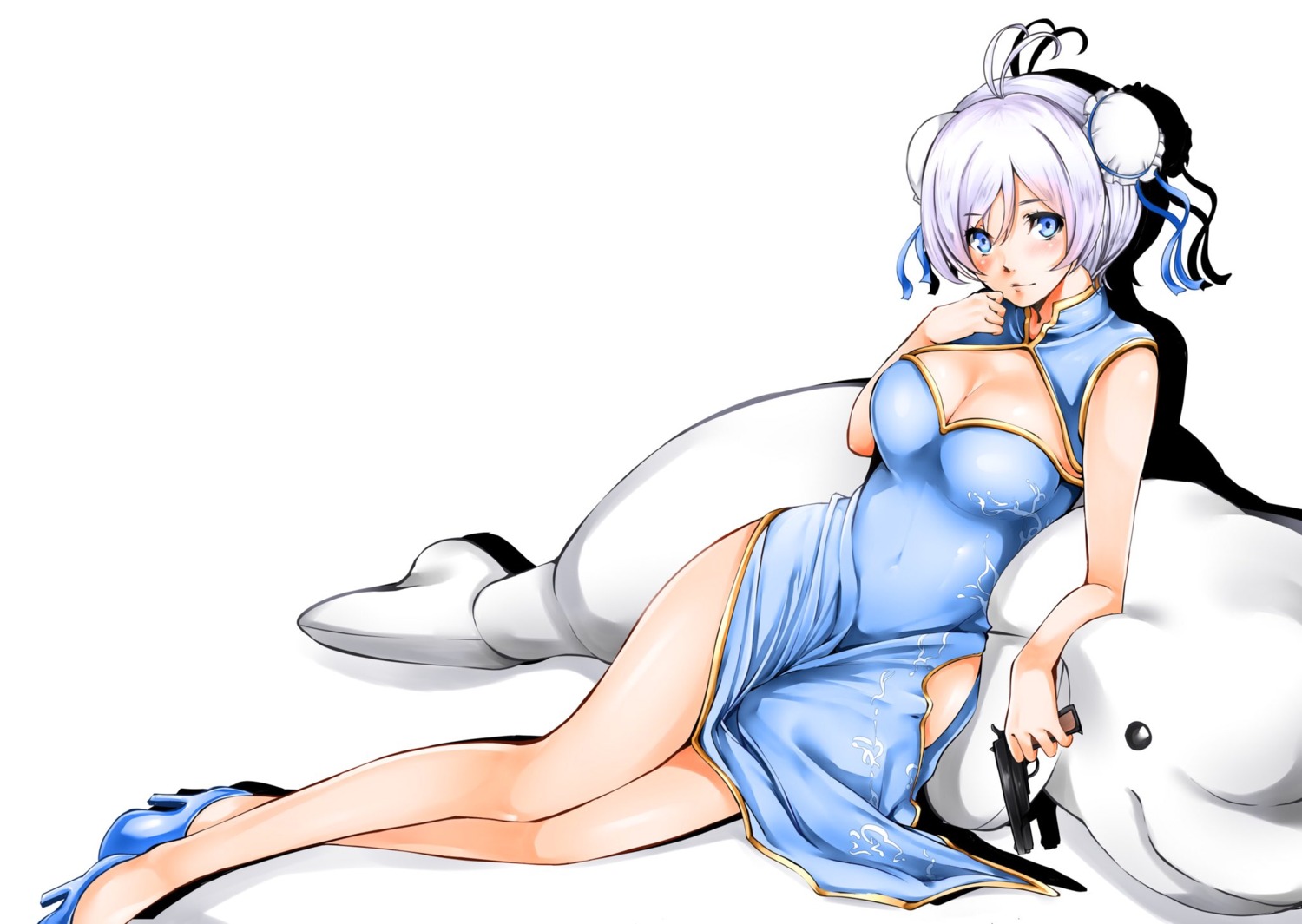 chinadress, cleavage, dennou_shoujo_youtuber_shiro, gun, heels, nakano_maru, shiro_(dennou_shoujo_youtuber_shiro)