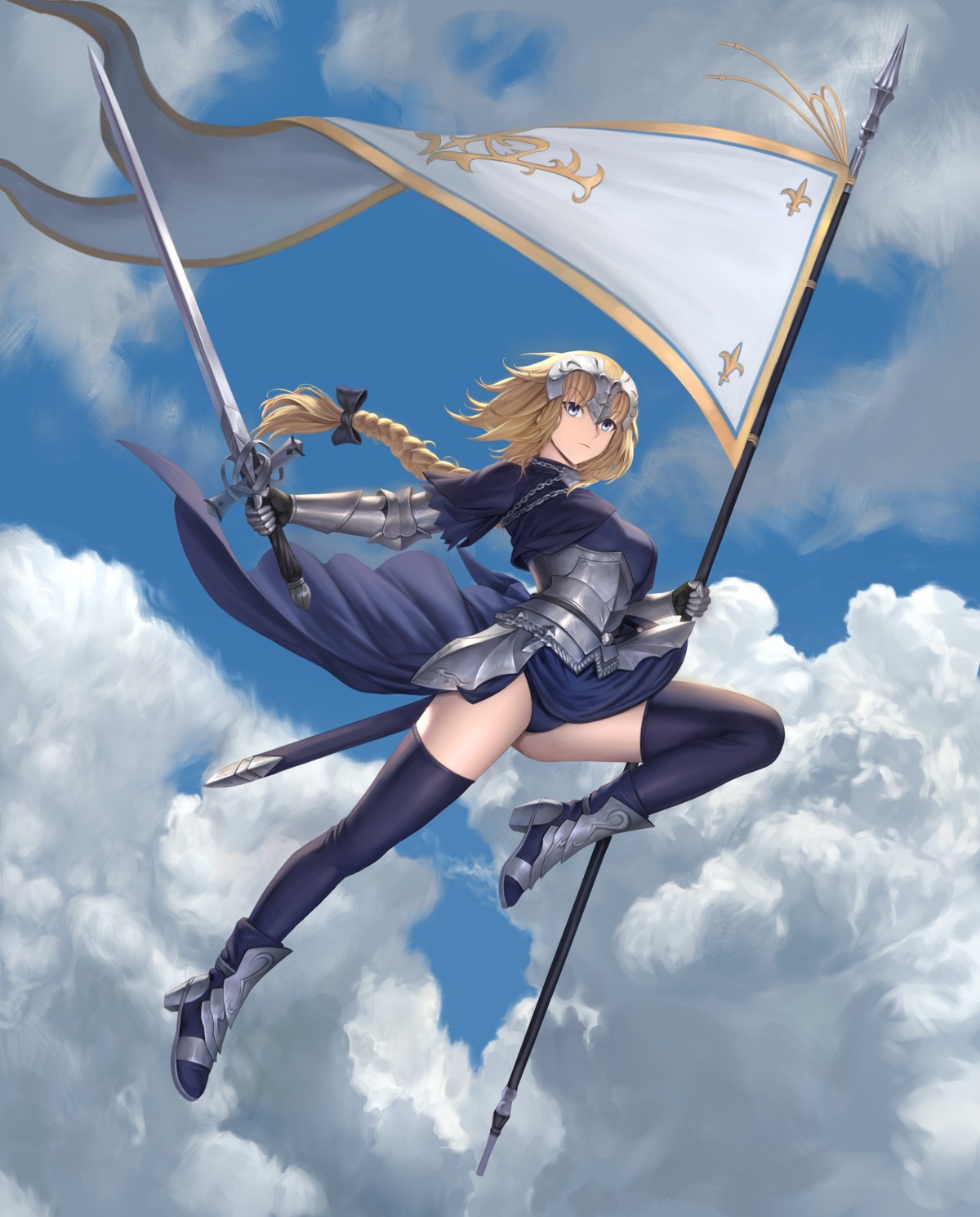 armor, fate/grand_order, heels, jeanne_d'arc, jeanne_d'arc_(fate), pantsu, saringongja, skirt_lift, sword, thighhighs