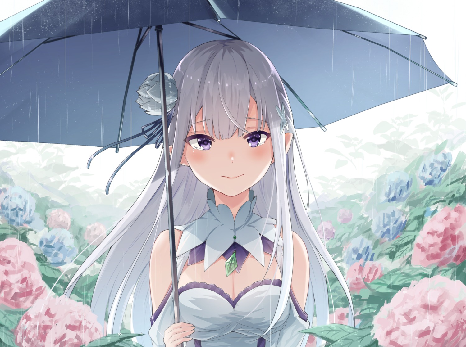 cleavage, elf, emilia_(re_zero), hidaka_kouyou, pointy_ears, re:zero_kara_hajimeru_isekai_seikatsu, umbrella