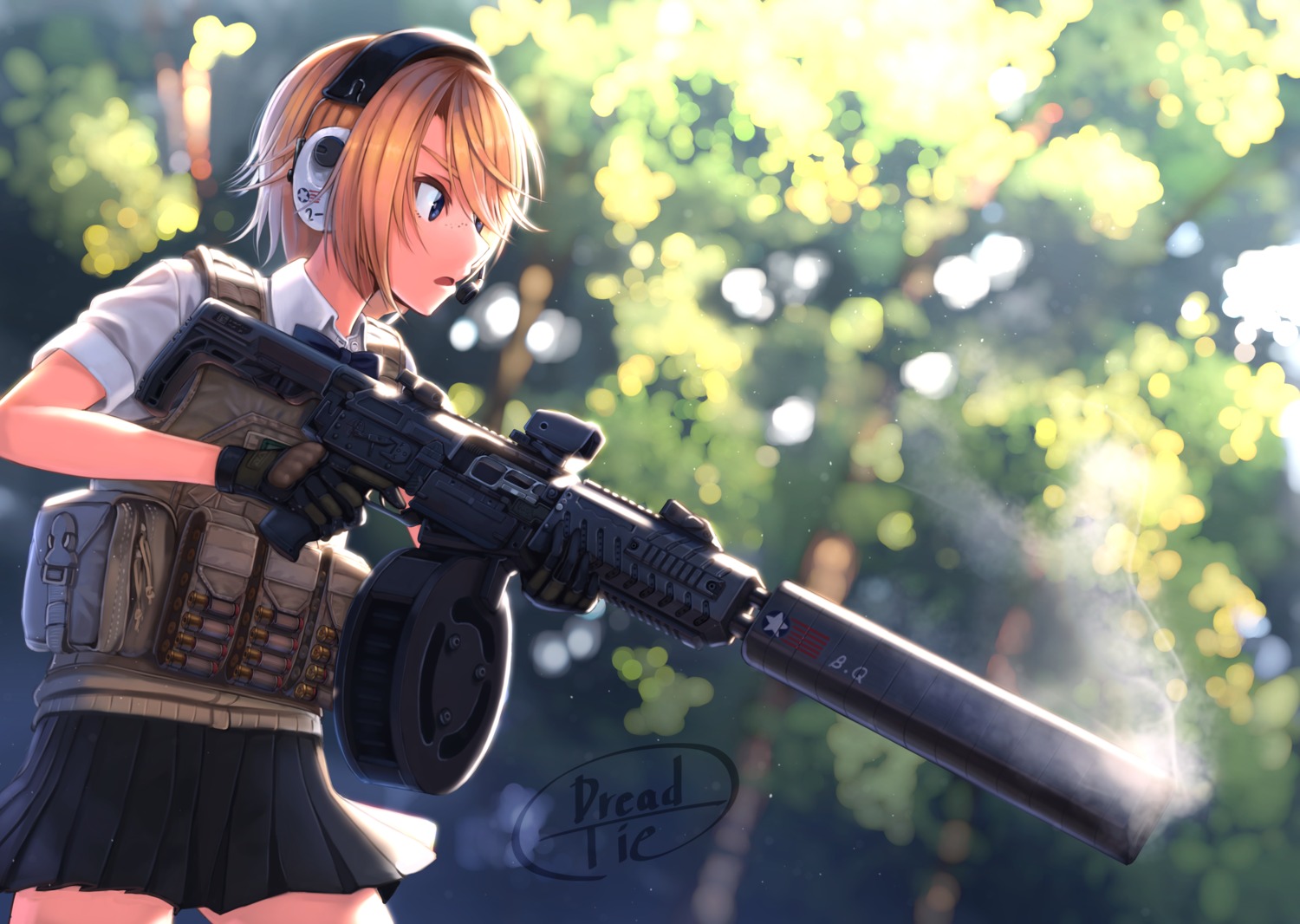 dreadtie, gun, headphones, seifuku