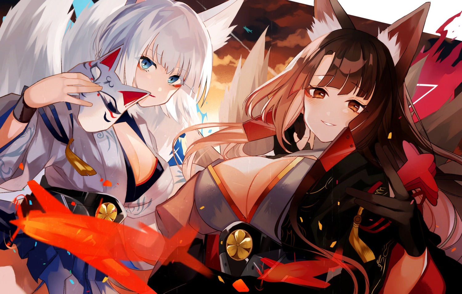 akagi_(azur_lane), animal_ears, azur_lane, cleavage, japanese_clothes, kaga_(azur_lane), kitsune, pomu_(pomu_me), tail
