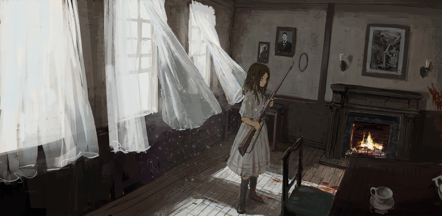 blood, dress, gun, shion_(mirudakemann)