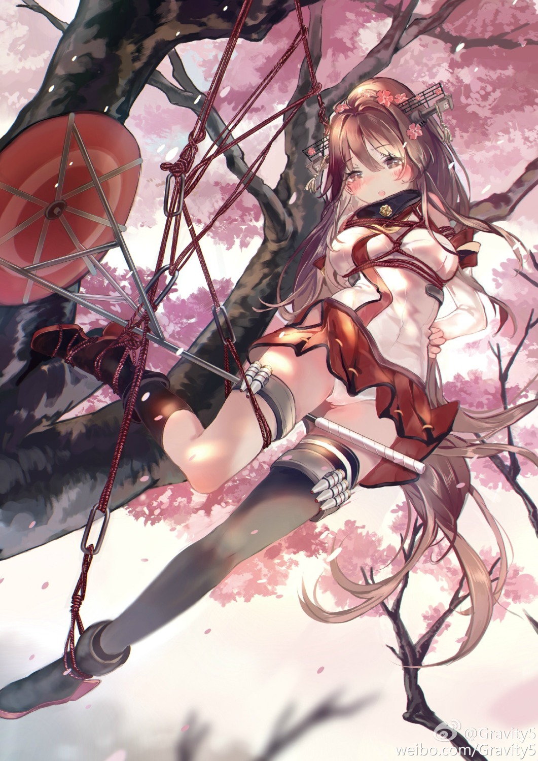 bondage, bou_shaku, kantai_collection, pantsu, thighhighs, umbrella, yamato_(kancolle)