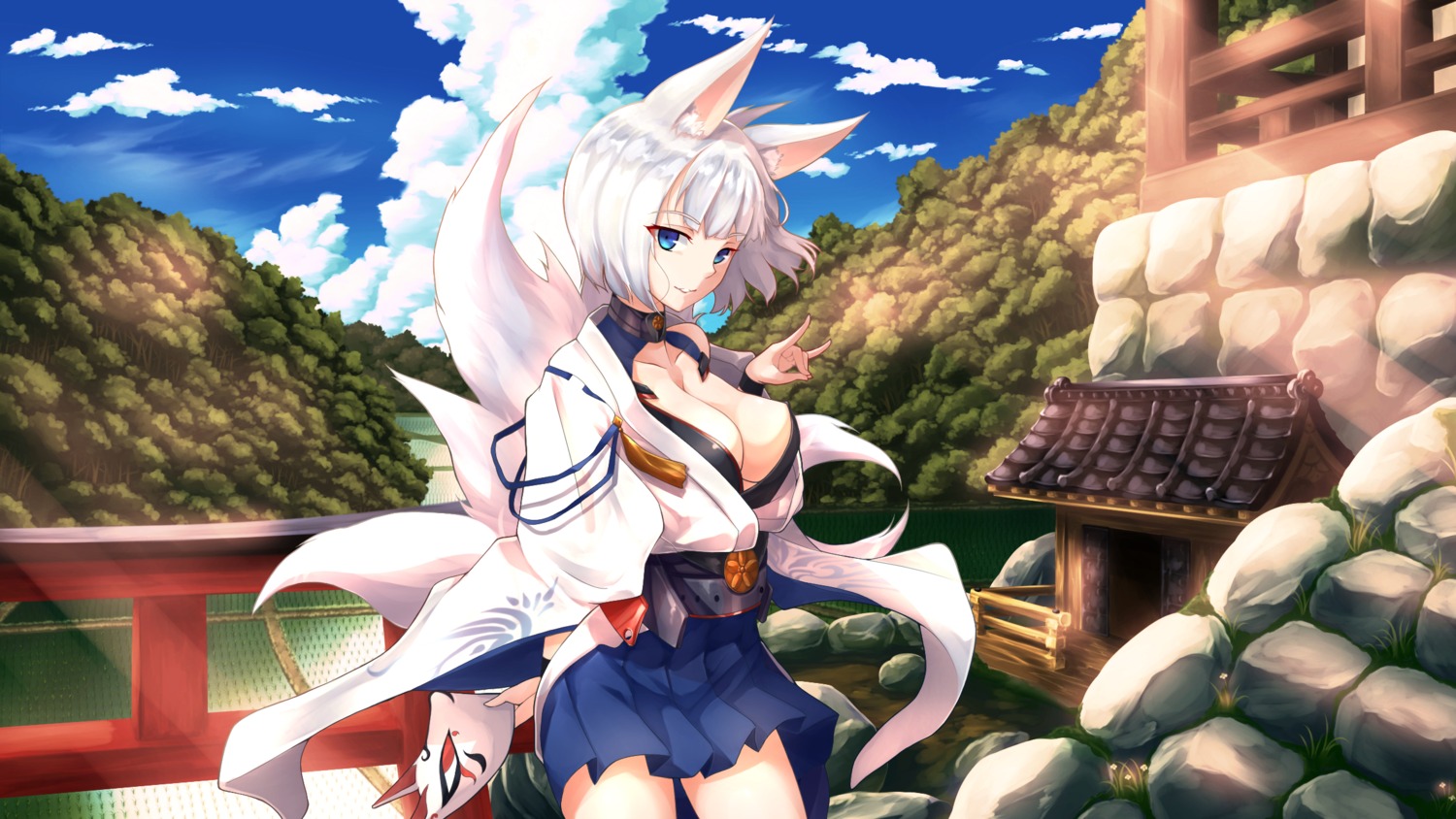 alicia_(schrdingerscat), animal_ears, azur_lane, japanese_clothes, kaga_(azur_lane), kitsune, no_bra, open_shirt