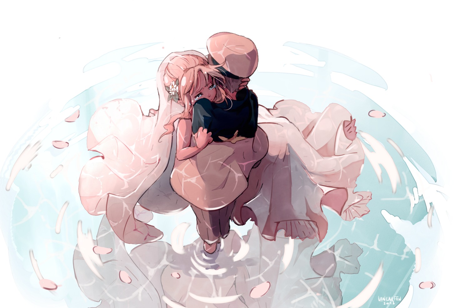 darling_in_the_franxx, dress, kokoro_(darling_in_the_franxx), mitsuru_(darling_in_the_franxx), uniform, van_wulfen, wedding_dress, wet