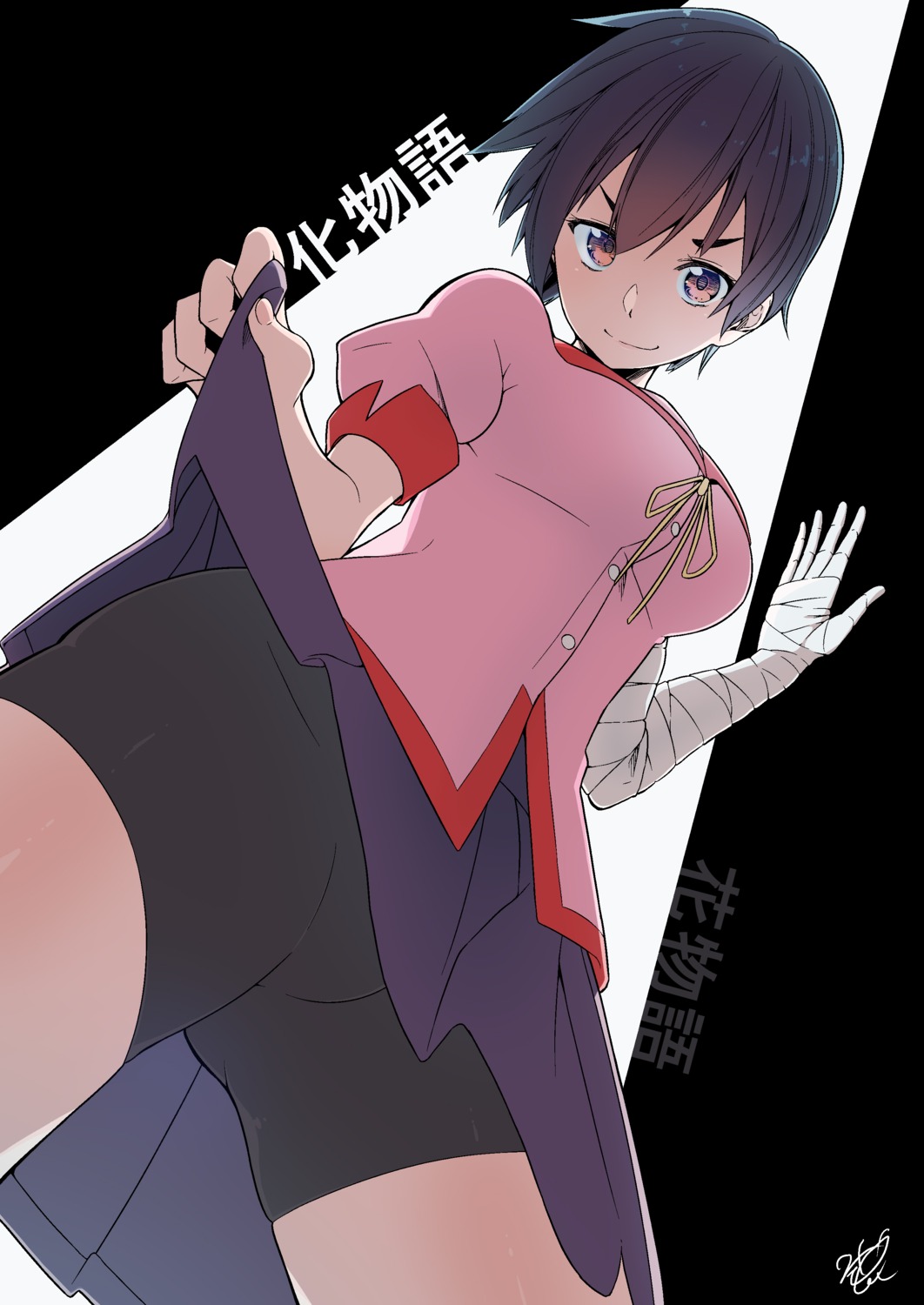 bakemonogatari, bandages, bike_shorts, futatsuki_kouta, hanamonogatari, kanbaru_suruga, monogatari_(series), seifuku