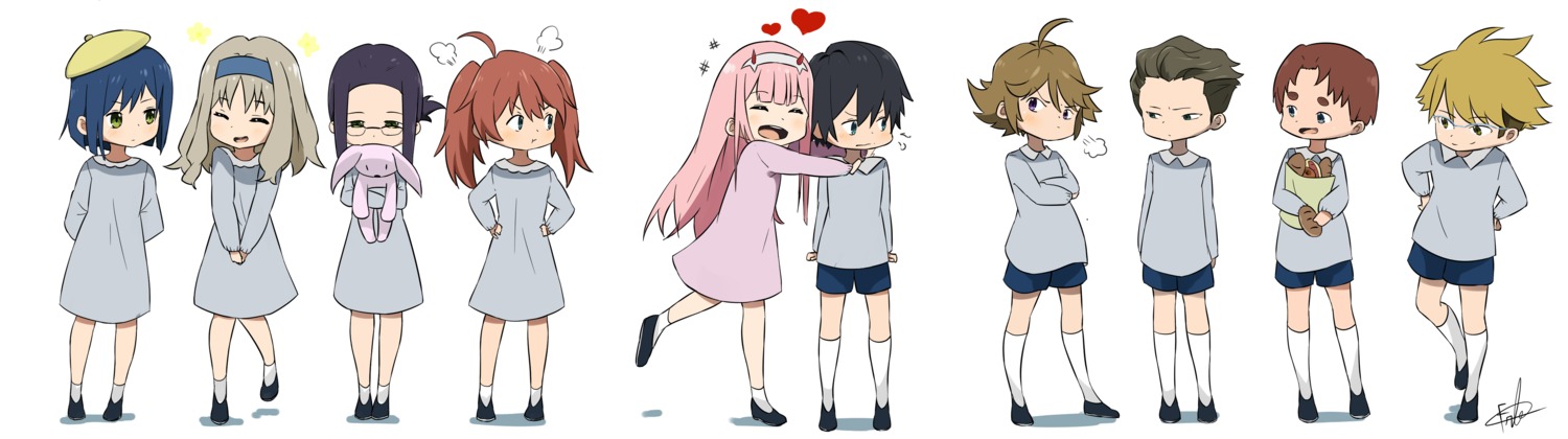 chibi, darling_in_the_franxx, efru, futoshi_(darling_in_the_franxx), gorou_(darling_in_the_franxx), hiro_(darling_in_the_franxx), horns, ichigo_(darling_in_the_franxx)